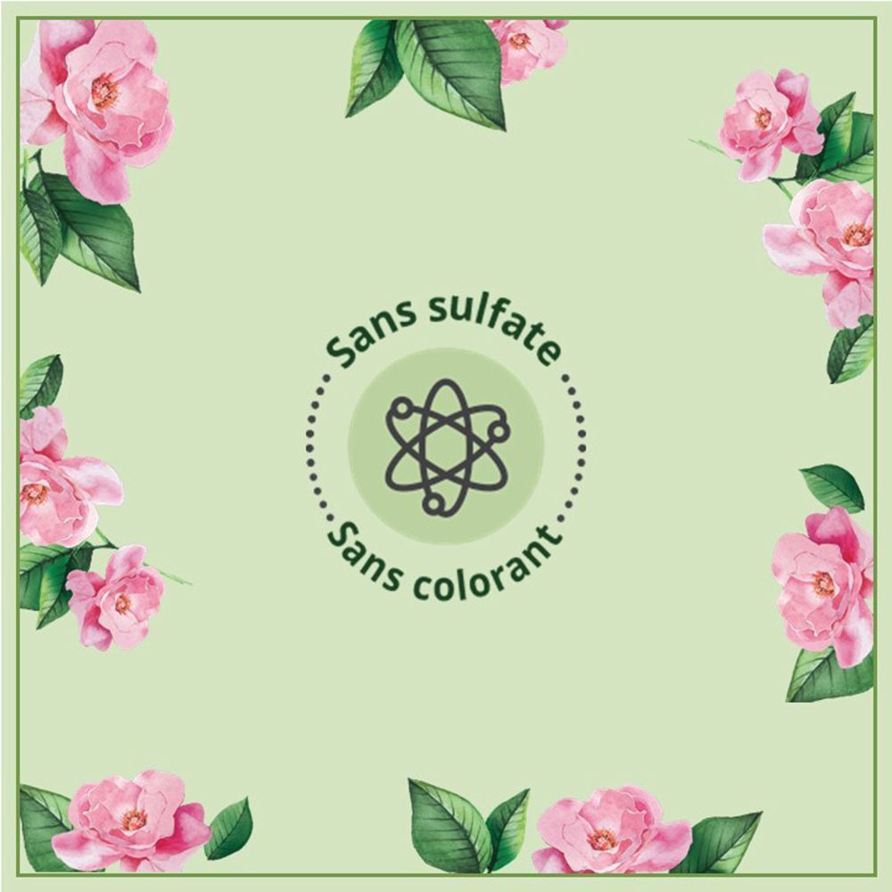 Etikett mit Text: Ohne Sulfate, ohne Farbstoffe. Abbildung: Atommodell.
