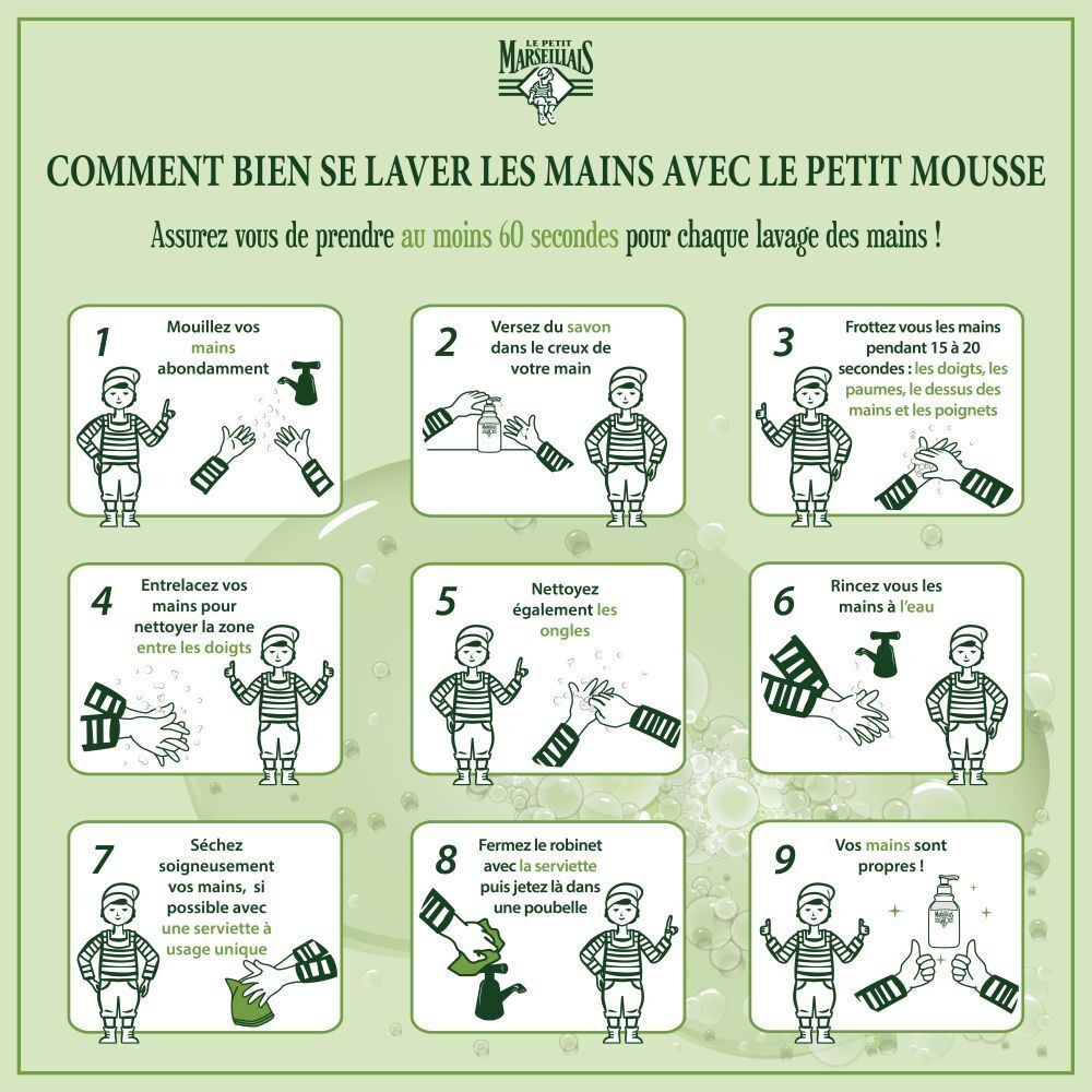 Instructions pour se laver les mains en 9 étapes. Illustrations avec texte en français.