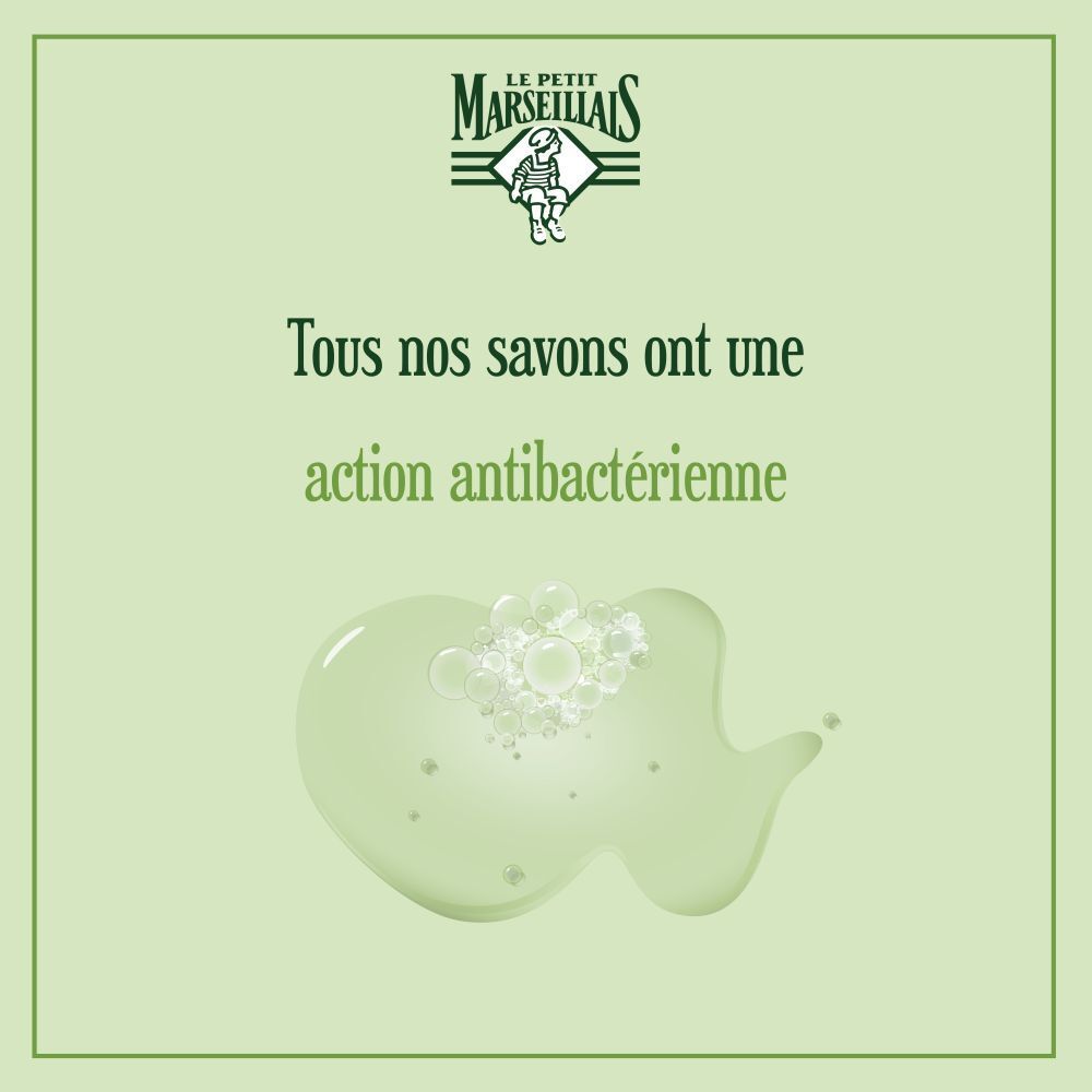 Texte: Tous nos savons ont une action antibactérienne. Image de savon.