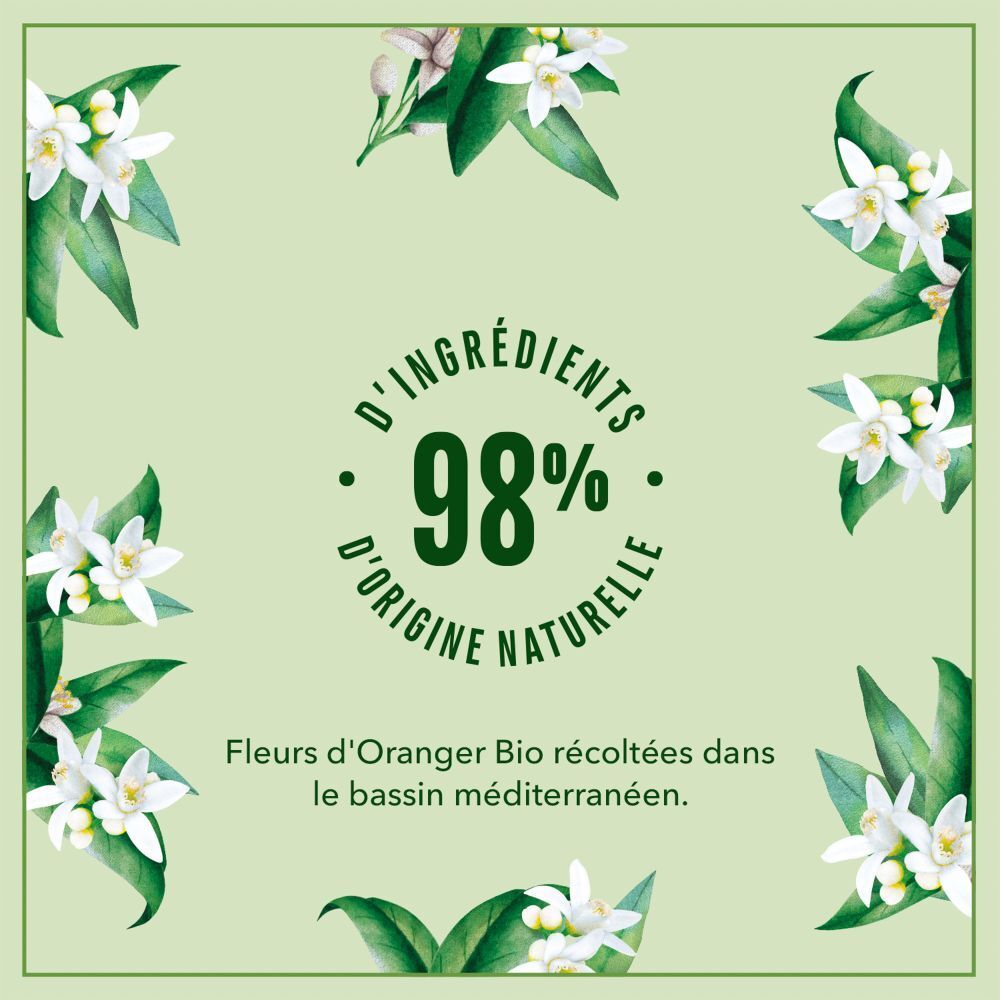 Design carré avec cadre vert et fleurs d'oranger. Texte : 98% d'ingrédients naturels.
