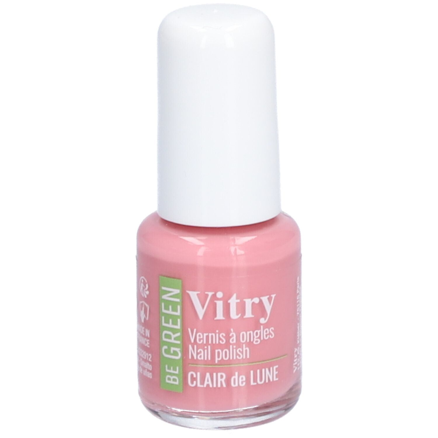 Rosa Nagellackflasche mit weißem Deckel. Aufschrift: Vitry, Clair de Lune. Be Green Logo.