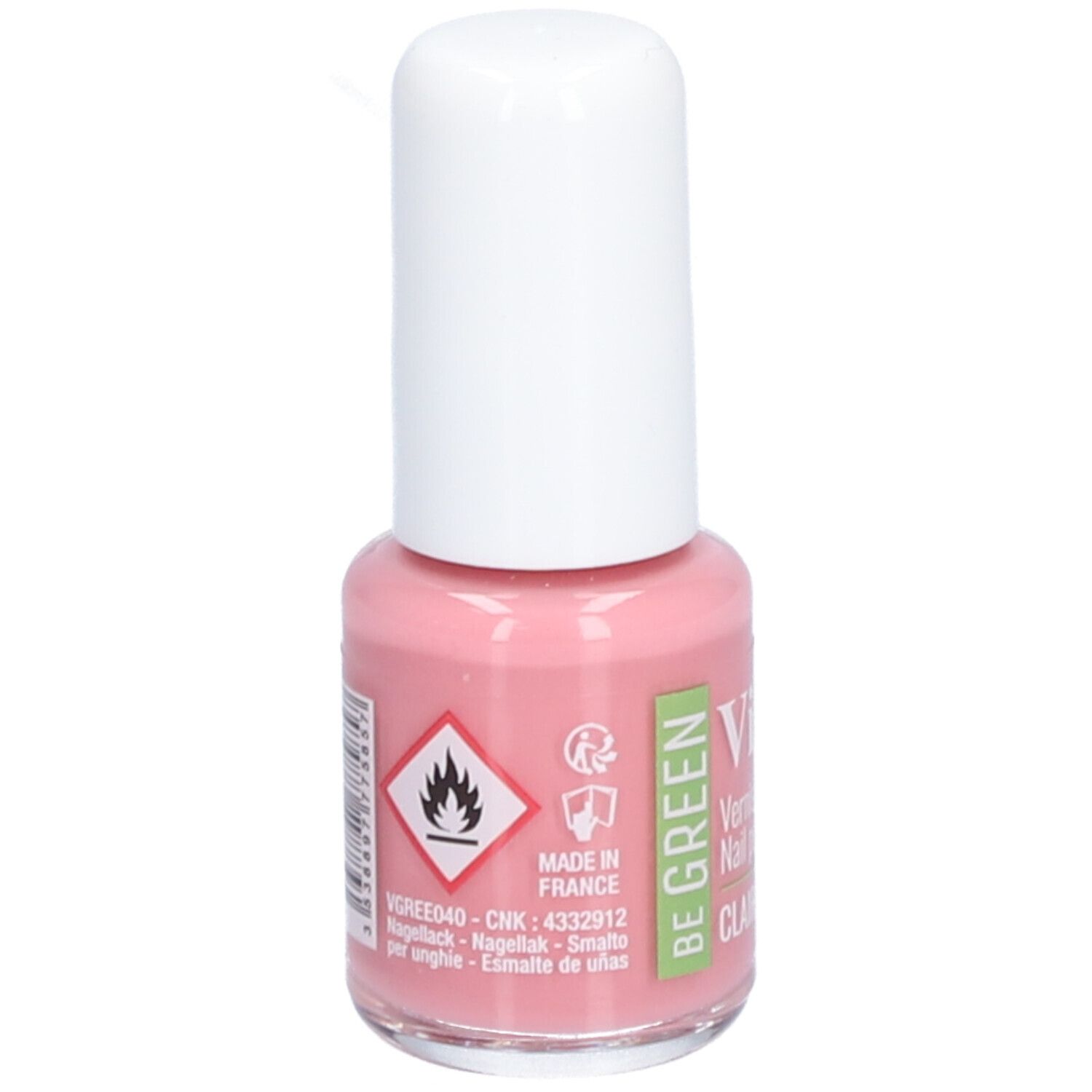 Rosa Nagellackflasche mit weißem Deckel. Gefahrensymbol. Aufschrift: Vitry, Clair de Lune. Be Green Logo.