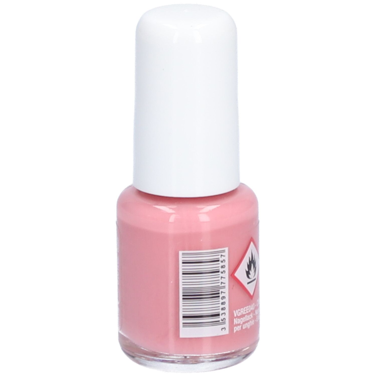 Rosa Nagellackflasche mit weißem Deckel. Barcode und Gefahrensymbol. Aufschrift: Vitry, Clair de Lune.