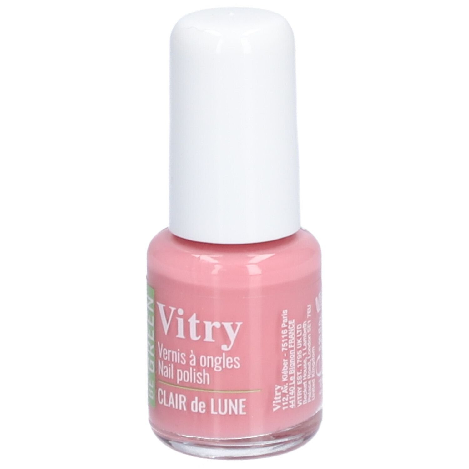 Rosa Nagellackflasche mit weißem Deckel. Aufschrift: Vitry, Clair de Lune. Be Green Logo.