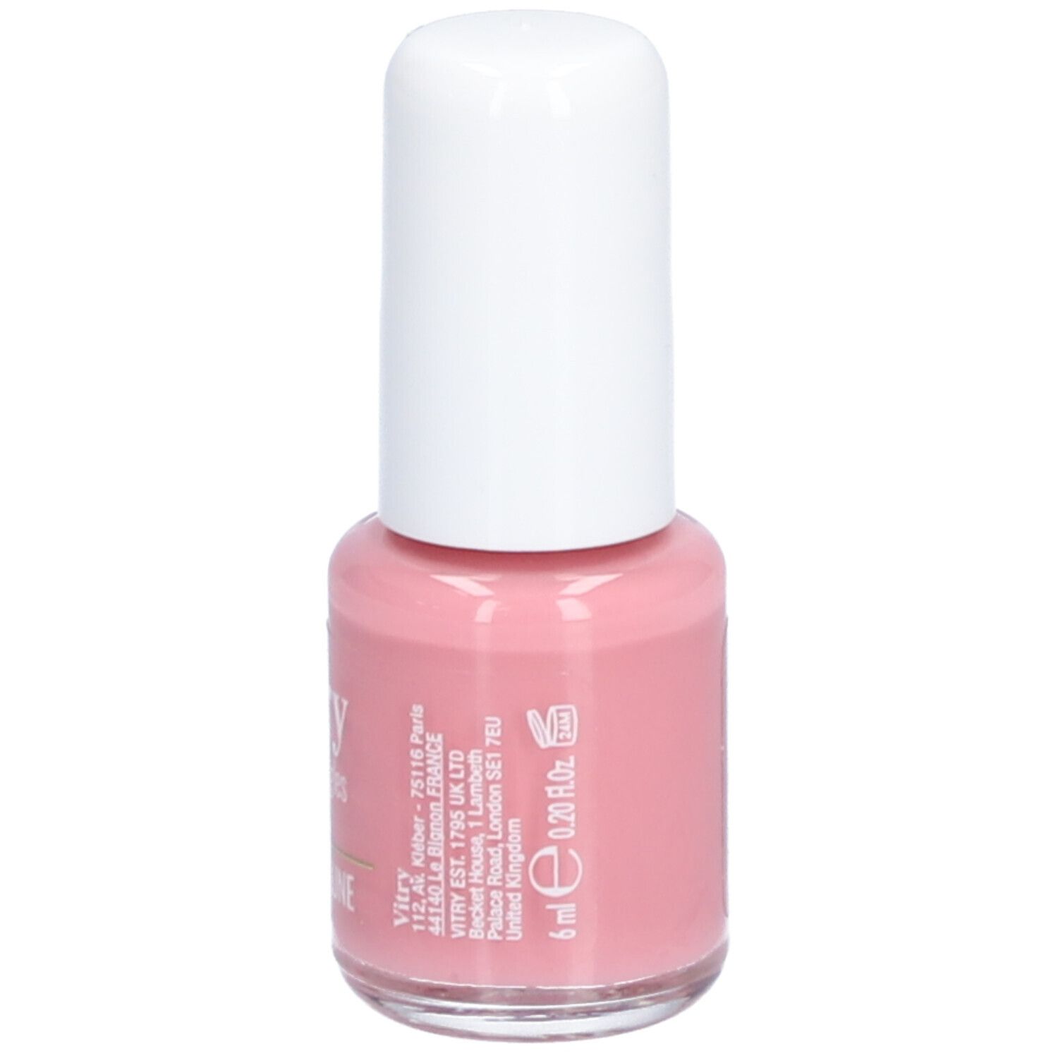 Rosa Nagellackflasche mit weißem Deckel. Aufschrift: Vitry, Clair de Lune. Volumen: 6 ml.