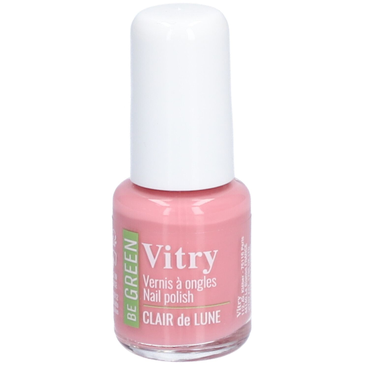 Rosa Nagellackflasche mit weißem Deckel. Aufschrift: Vitry, Clair de Lune. Be Green Logo.