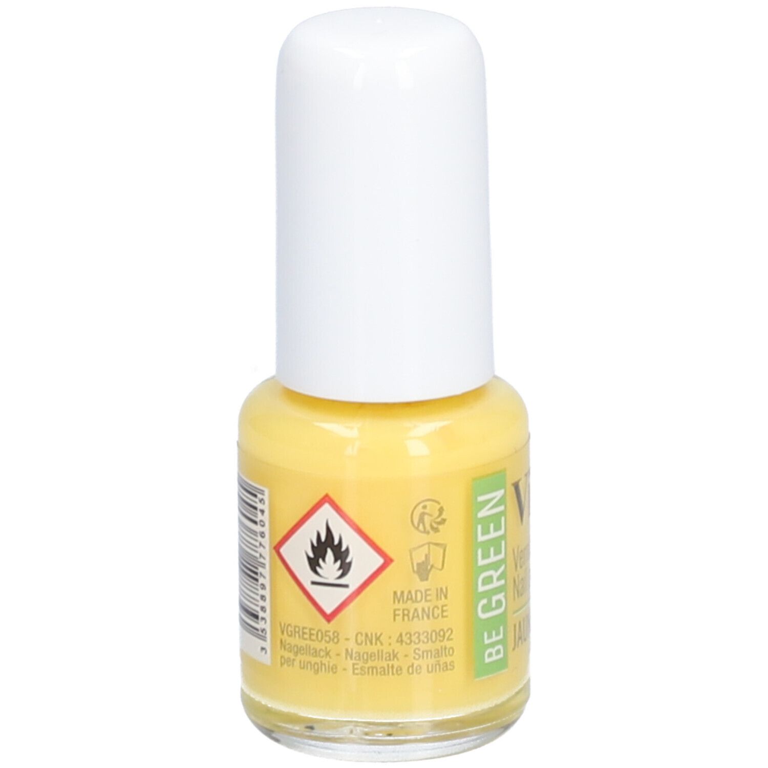 Flacon de vernis à ongles jaune avec bouchon blanc. Arrière avec symboles d'avertissement et texte: Made in France.