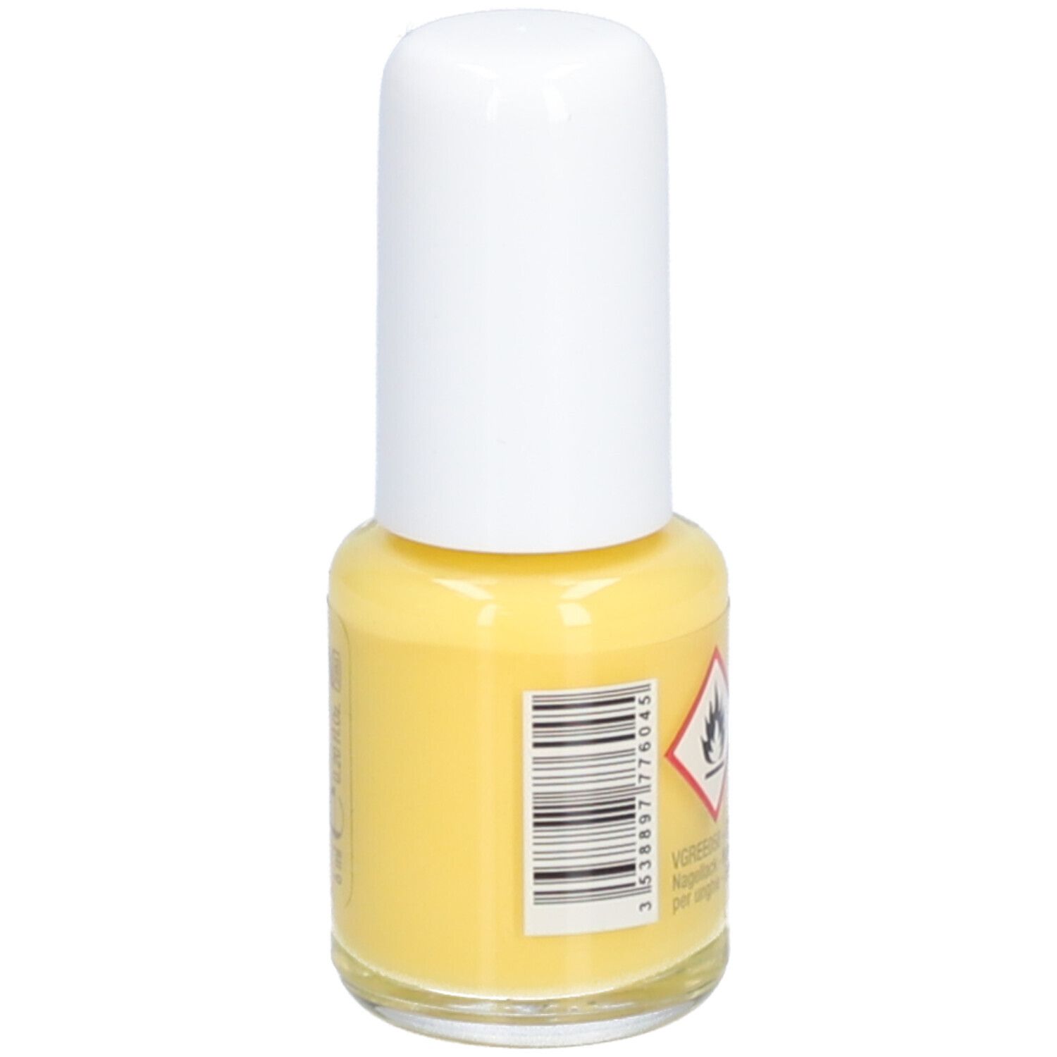 Flacon de vernis à ongles jaune avec bouchon blanc. Arrière avec code-barres et symbole d'avertissement.