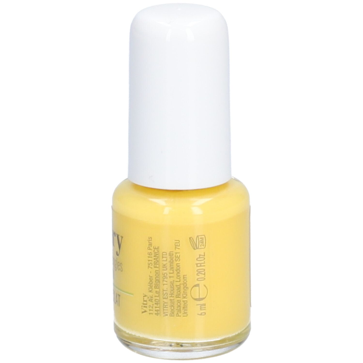 Flacon de vernis à ongles jaune avec bouchon blanc. Inscriptions: Vitry, 6 ml, 0.2 fl. oz.
