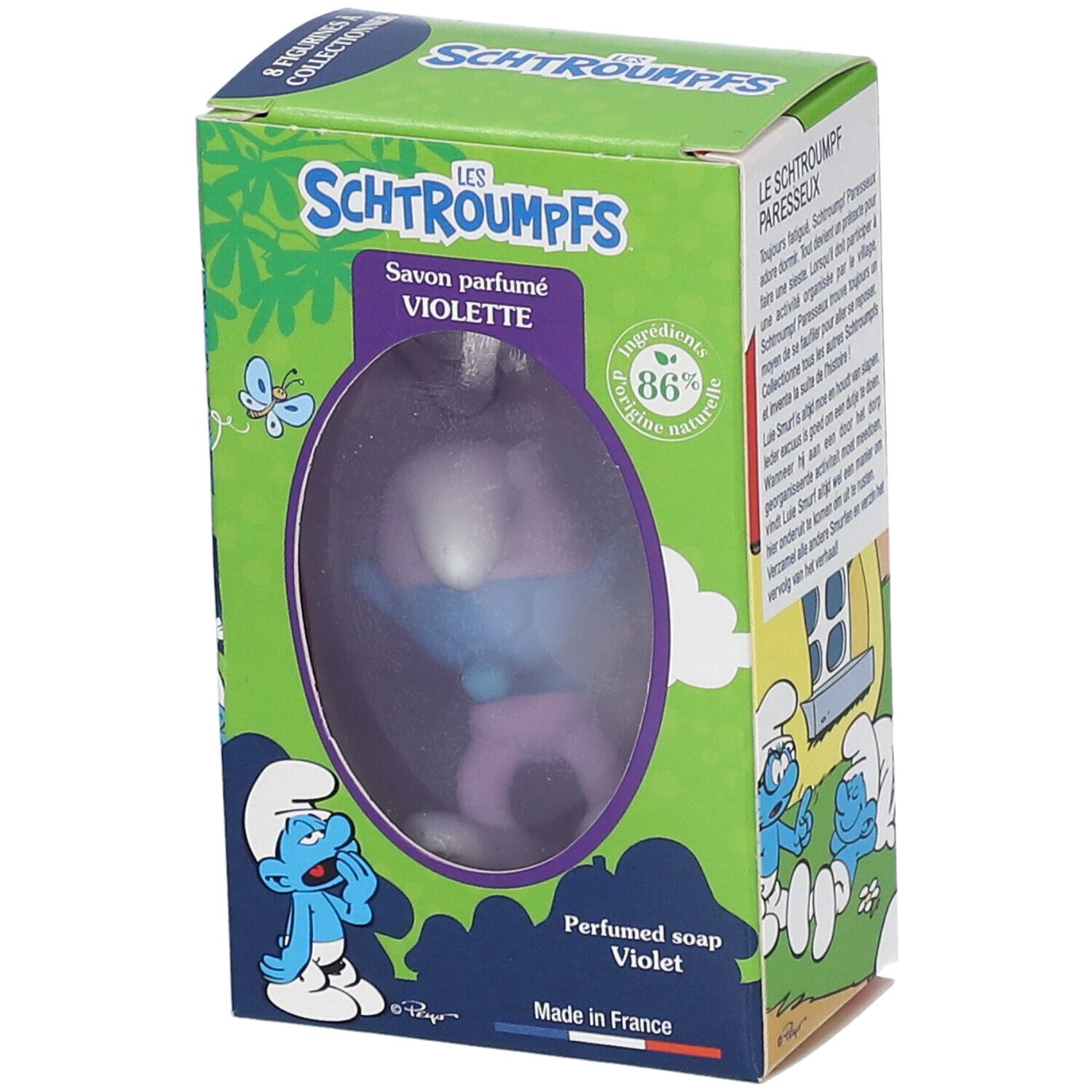 Boîte de savon parfumée Violette. Logo Schtroumpfs, fenêtre avec savon en forme de Schtroumpf. Ingrédients d'origine naturelle.
