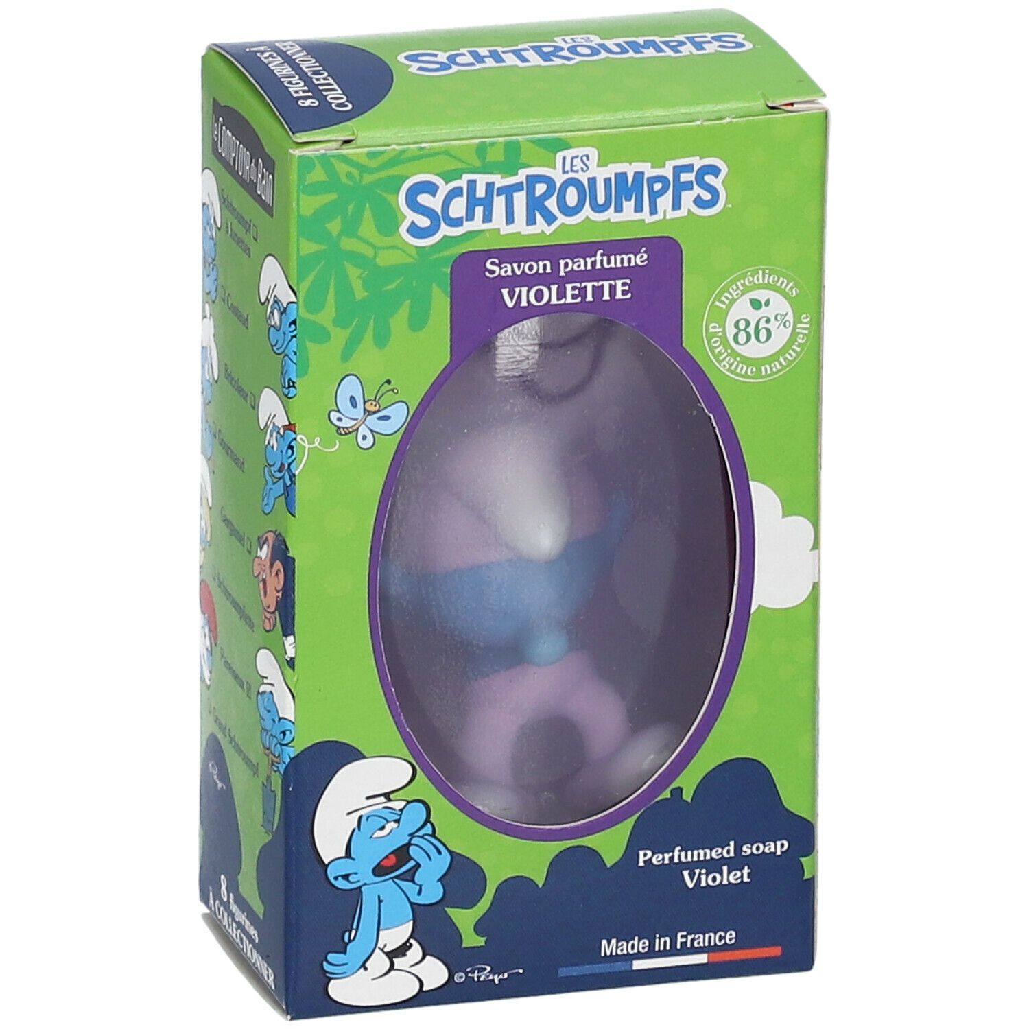 Boîte de savon parfumée Violette. Logo Schtroumpfs, fenêtre avec savon en forme de Schtroumpf. Ingrédients d'origine naturelle.