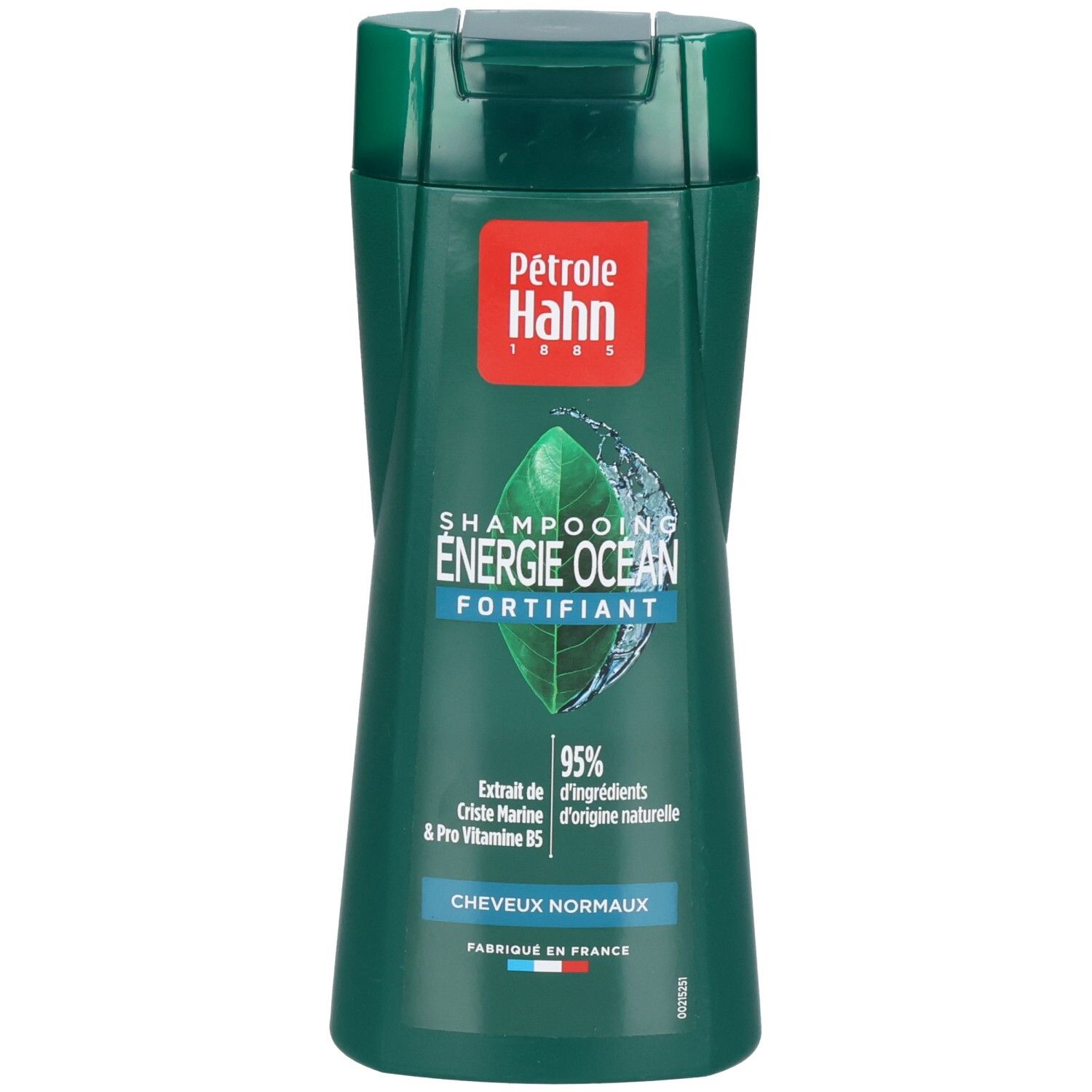 Dunkelgrüne Flasche Pétrole Hahn Energy Ocean Fortifying Shampoo mit Blatt- und Wassersymbol. Enthält 95% natürliche Inhaltsstoffe, Extrait de Crête Marine & Pro Vitamine B5.