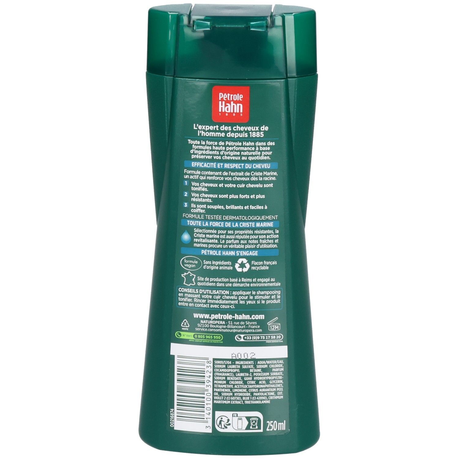 Rückseite einer dunkelgrünen Flasche Pétrole Hahn Energy Ocean Fortifying Shampoo mit Produktinformationen und 250ml Angabe.