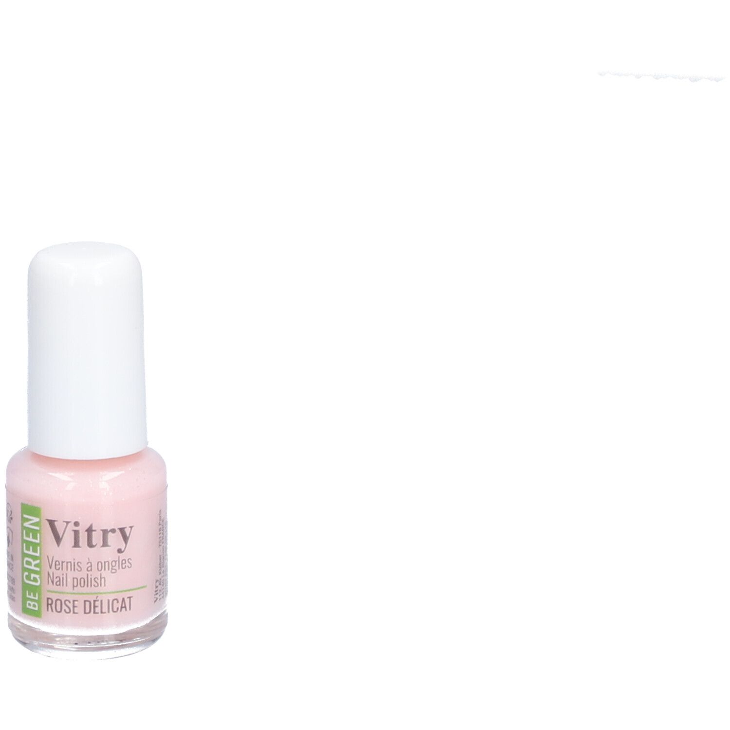 Flacon de vernis à ongles avec bouchon blanc. Inscription: Vitry, Vernis à ongles, Rose Délicat. Logo Be Green.