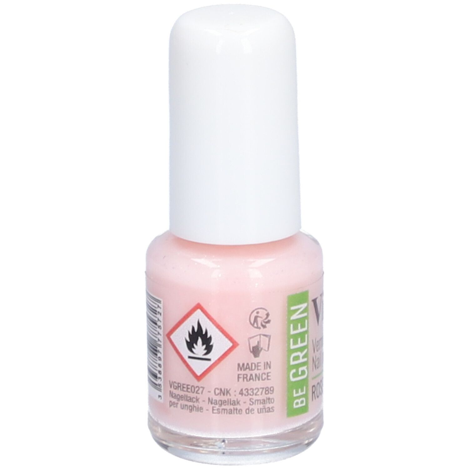 Flacon de vernis à ongles avec bouchon blanc. Inscription: Vitry, Be Green. Avertissement: Inflammable. Fabriqué en France.