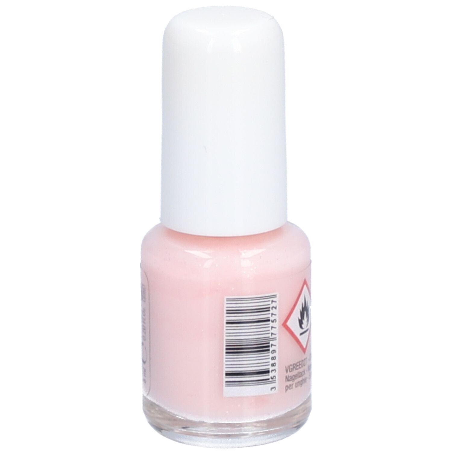 Flacon de vernis à ongles avec bouchon blanc. Inscription: Vitry, Be Green. Avertissement: Inflammable. Informations produit et code-barres.