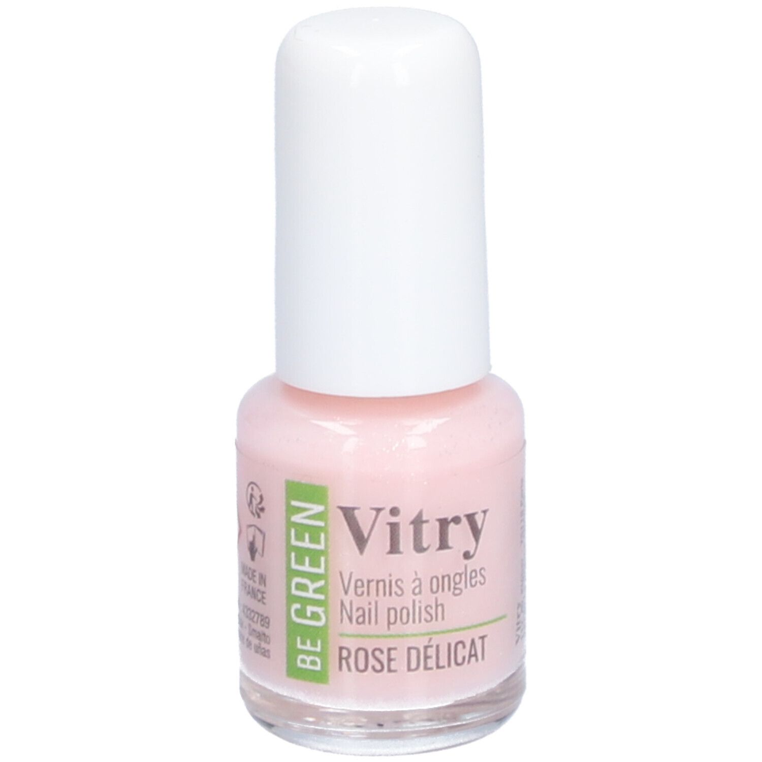 Flacon de vernis à ongles avec bouchon blanc. Inscription: Vitry, Vernis à ongles, Rose Délicat. Logo Be Green.