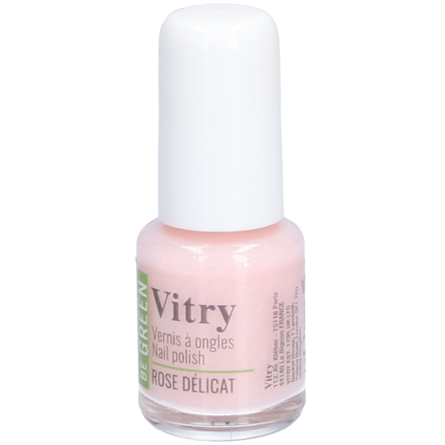 Flacon de vernis à ongles avec bouchon blanc. Inscription: Vitry, Vernis à ongles, Rose Délicat. Logo Be Green. Informations produit.