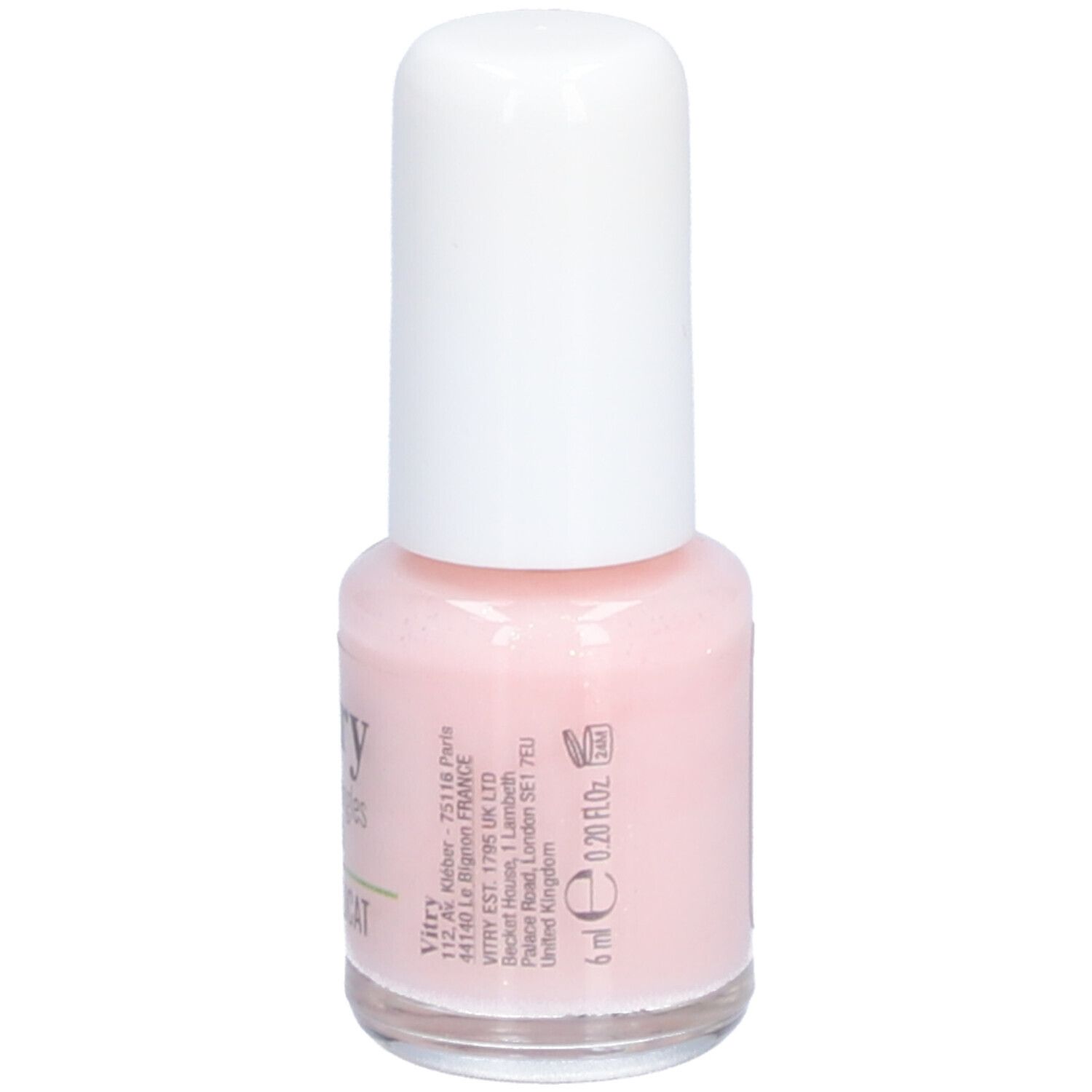 Flacon de vernis à ongles avec bouchon blanc. Inscription: Vitry. Volume: 6 ml. Informations produit et adresse.