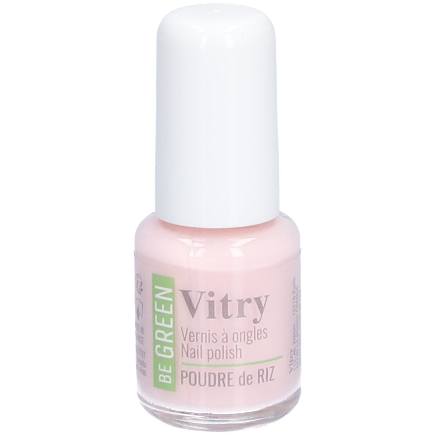 Flacon de vernis à ongles rose avec bouchon blanc. Inscription : Vitry, Vernis à ongles, Poudre de Riz. Logo Be Green.