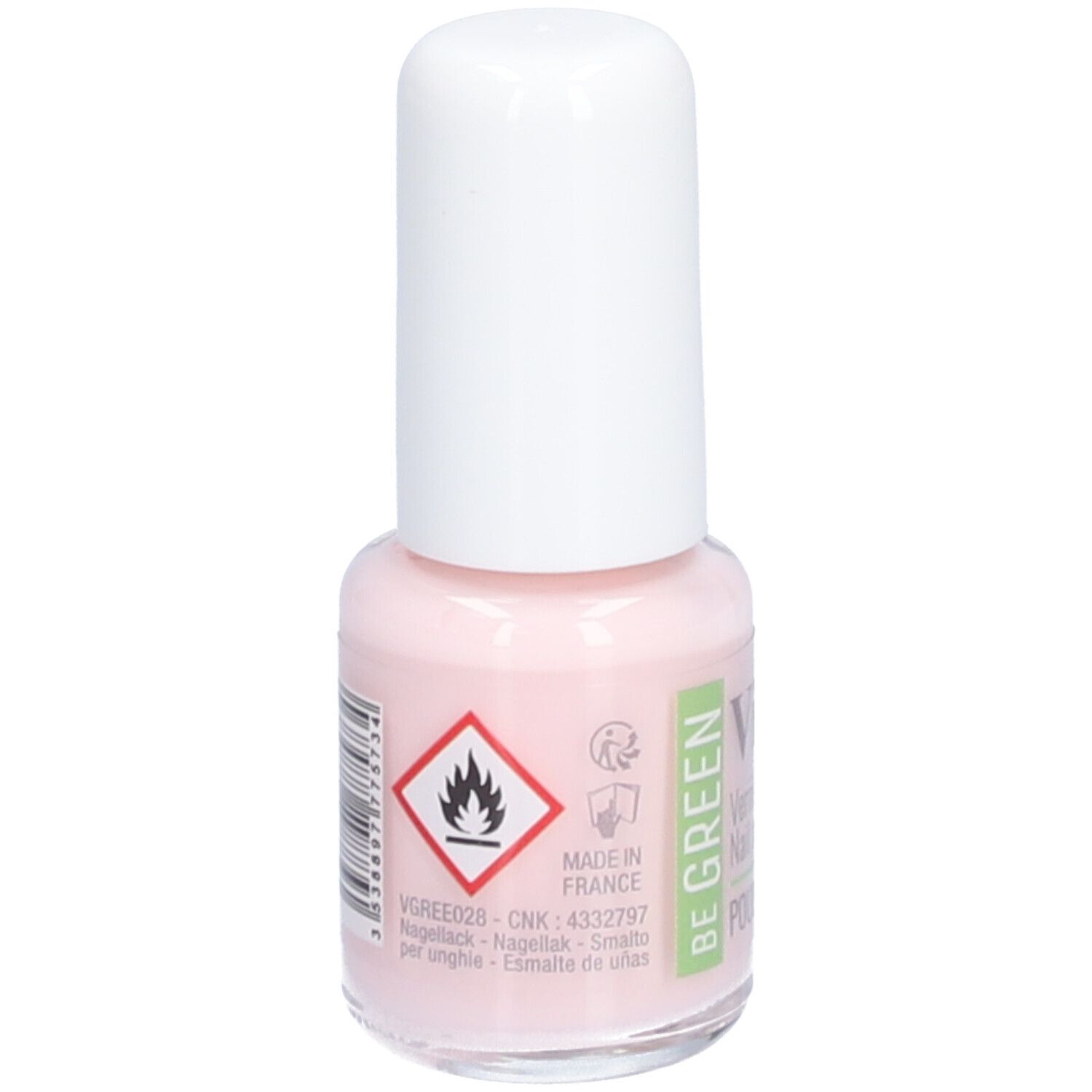 Flacon de vernis à ongles rose avec bouchon blanc. Inscription : Be Green. Symbole de danger. Fabriqué en France. Numéro CNK.