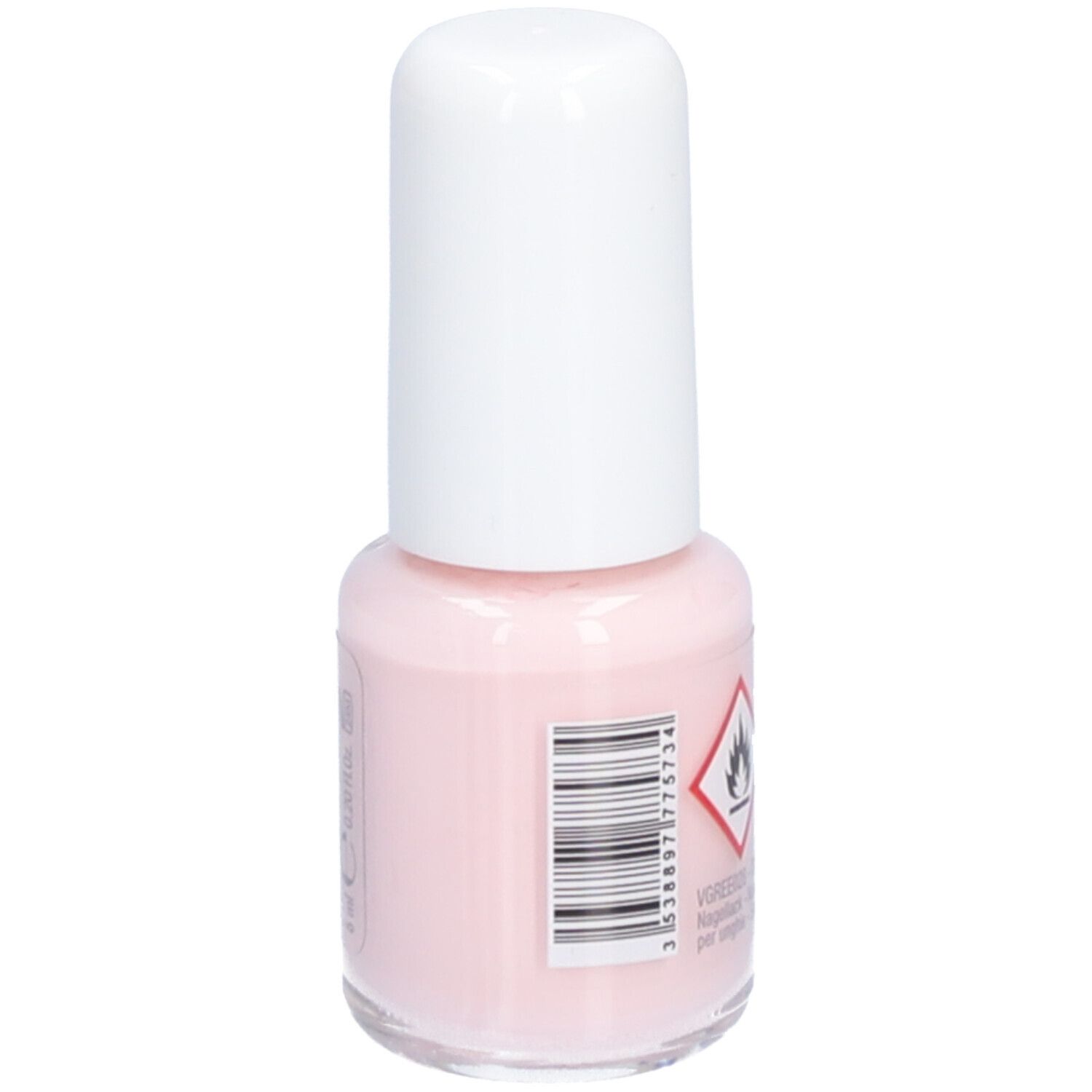 Flacon de vernis à ongles rose avec bouchon blanc. Code-barres et symbole de danger au dos.