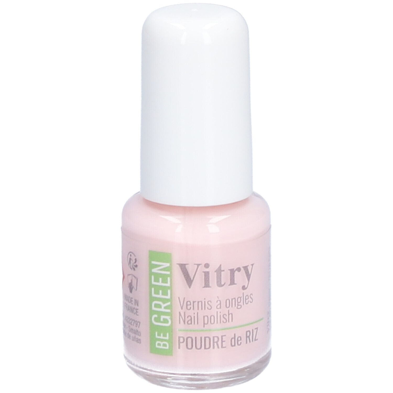 Flacon de vernis à ongles rose avec bouchon blanc. Inscription : Vitry, Vernis à ongles, Poudre de Riz. Logo Be Green.