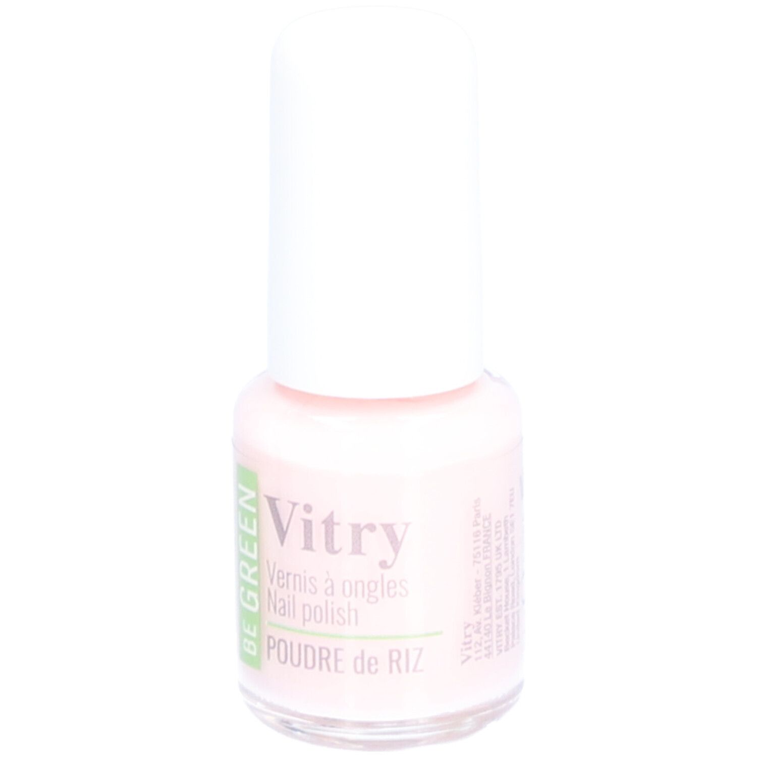 Flacon de vernis à ongles rose avec bouchon blanc. Inscription : Vitry, Vernis à ongles, Poudre de Riz. Logo Be Green.