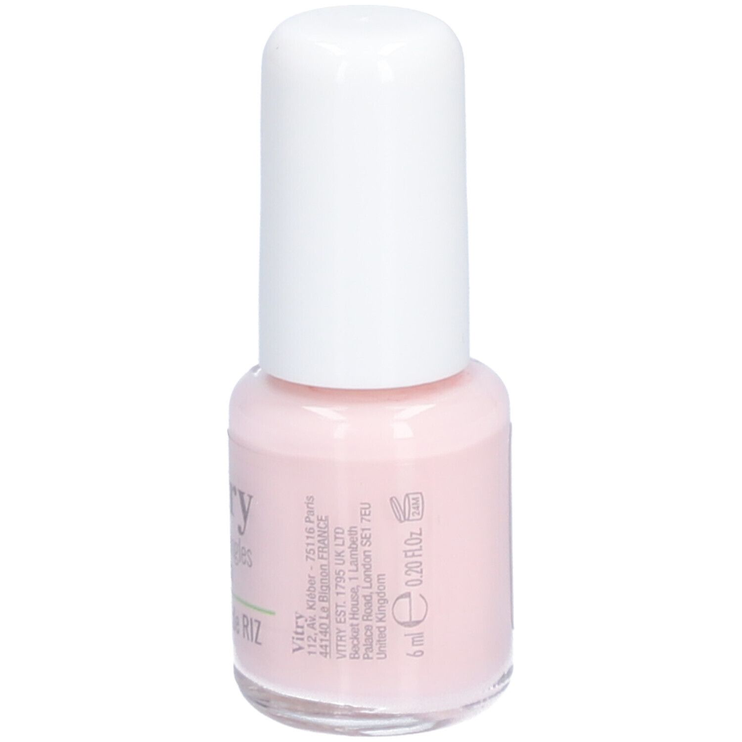 Flacon de vernis à ongles rose avec bouchon blanc. Inscription : Vitry, Vernis à ongles, Poudre de Riz. Volume : 6 ml.