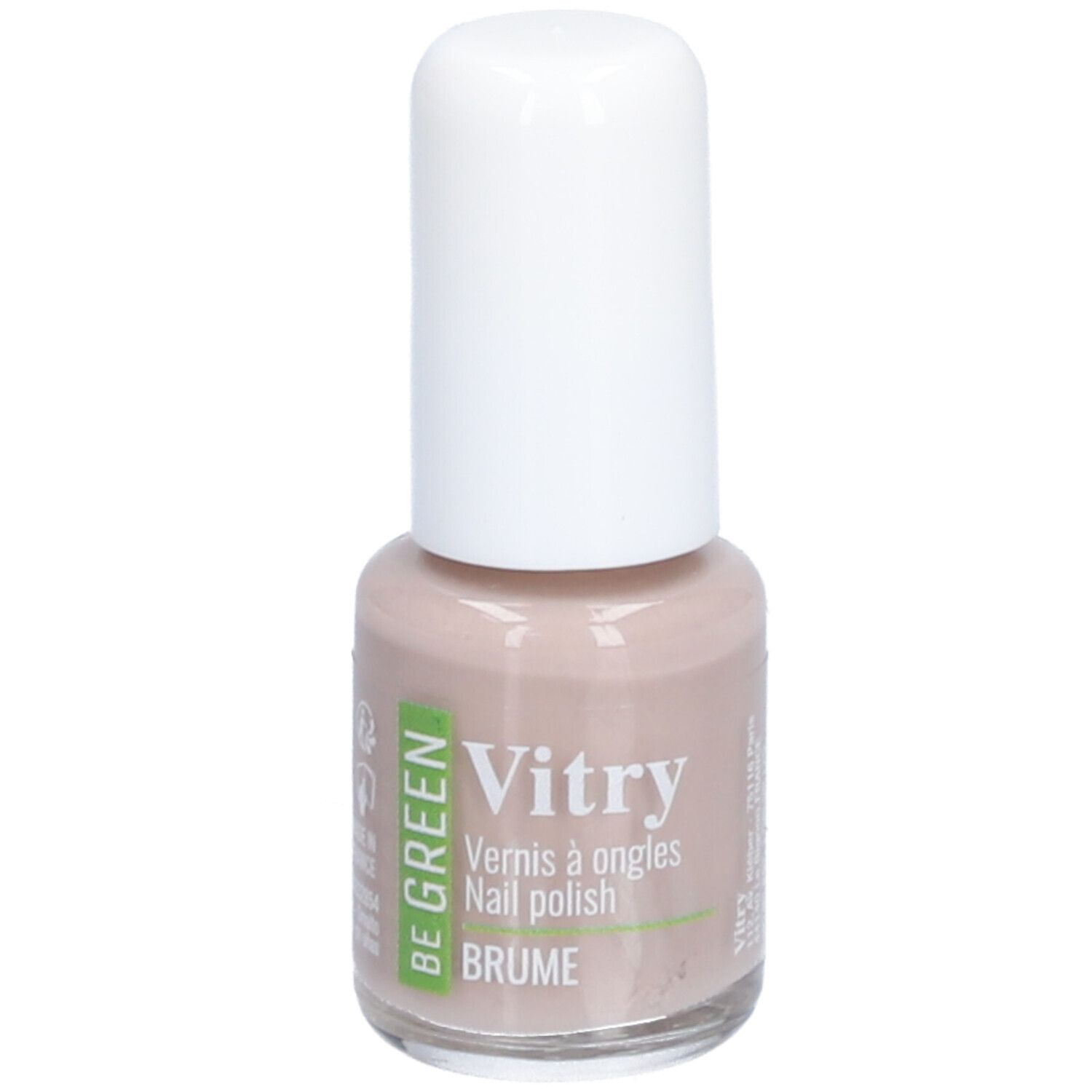 Flacon de vernis à ongles avec bouchon blanc. Inscriptions : Vitry, Vernis à ongles, Nail polish, Brume. Inscription verte et blanche : Be Green.