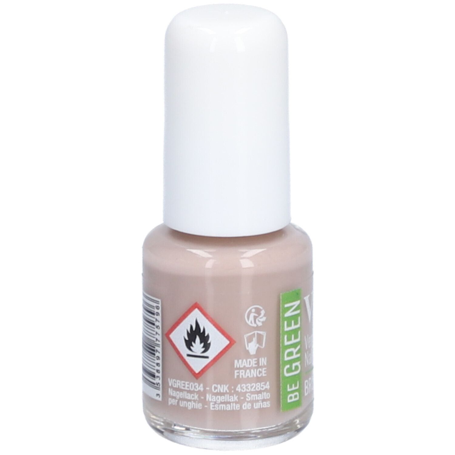 Flacon de vernis à ongles avec bouchon blanc. Inscriptions : Vitry, Vernis à ongles, Nail polish, Brume. Inscription verte et blanche : Be Green. Avertissement : Inflammable.