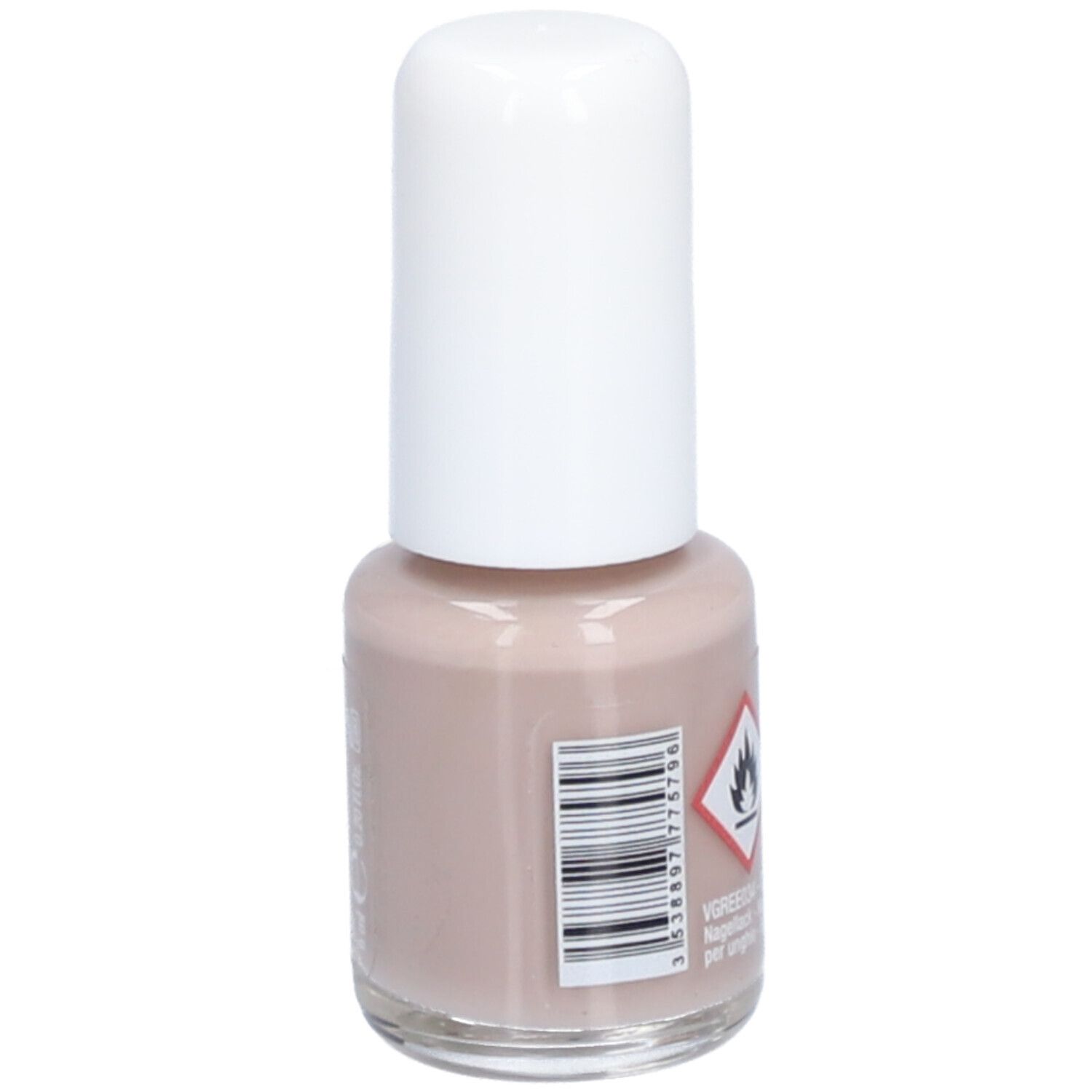 Vue arrière d'un flacon de vernis à ongles avec bouchon blanc. Avertissement : Inflammable. Code-barres et autres informations.