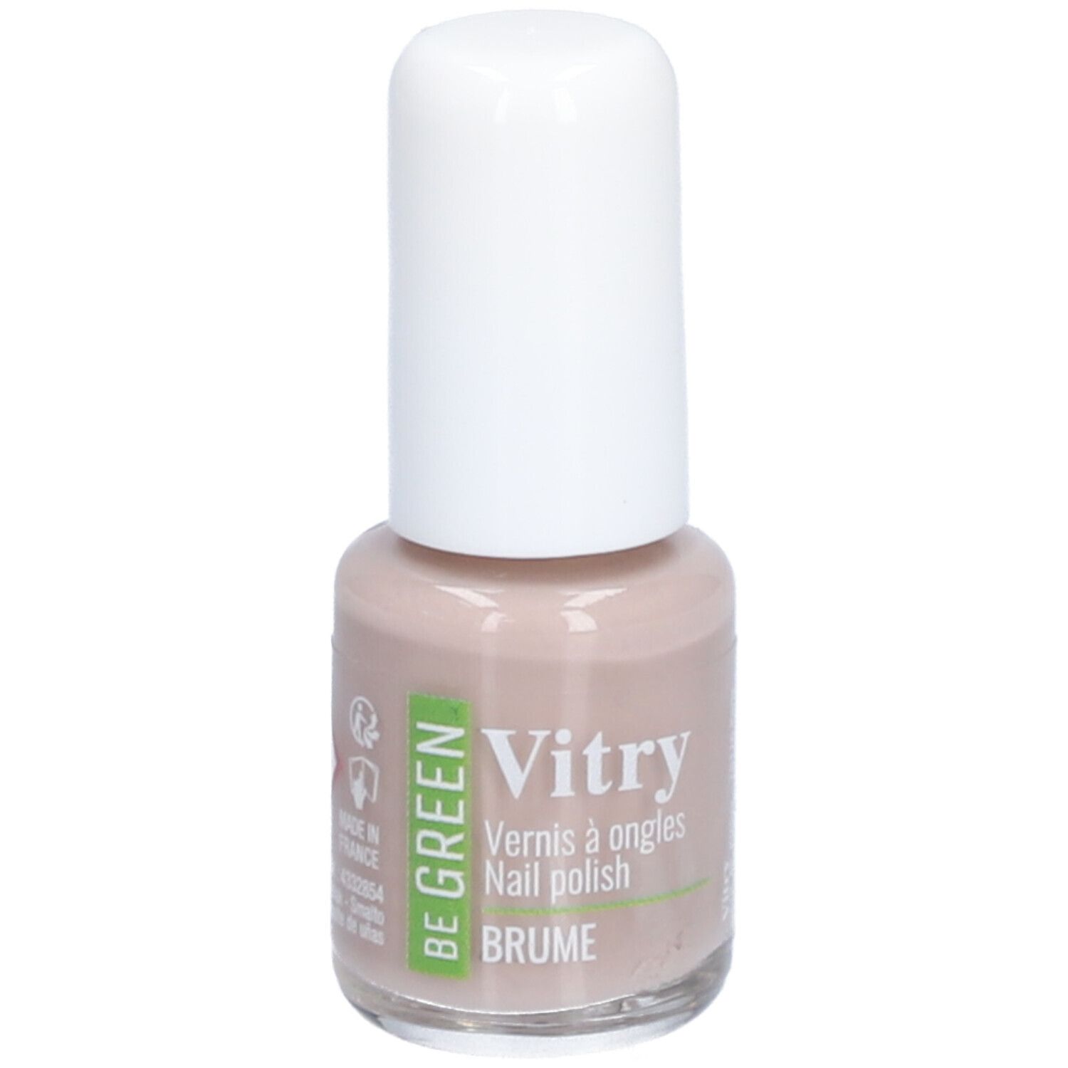 Flacon de vernis à ongles avec bouchon blanc. Inscriptions : Vitry, Vernis à ongles, Nail polish, Brume. Inscription verte et blanche : Be Green. Fabriqué en France.