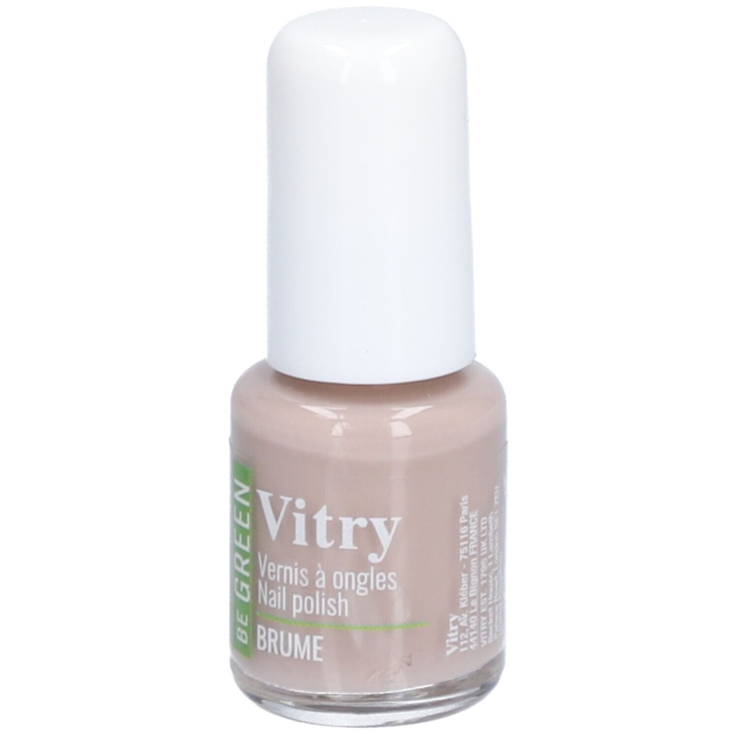 Flacon de vernis à ongles avec bouchon blanc. Inscriptions : Vitry, Vernis à ongles, Nail polish, Brume. Inscription verte et blanche : Be Green. Plus d'informations.