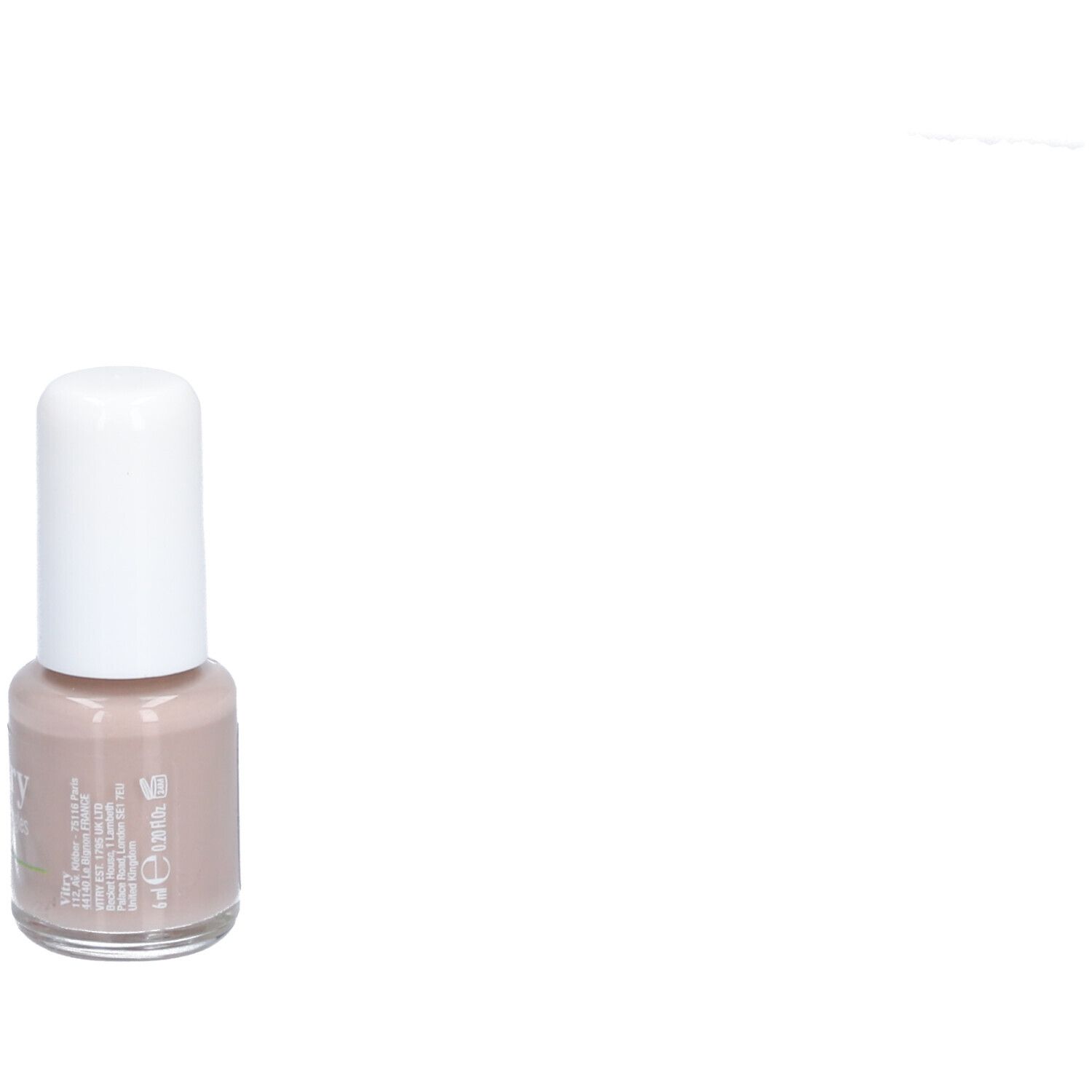Flacon de vernis à ongles avec bouchon blanc. Inscriptions : Vitry, Vernis à ongles, Nail polish, Brume. Informations latérales.