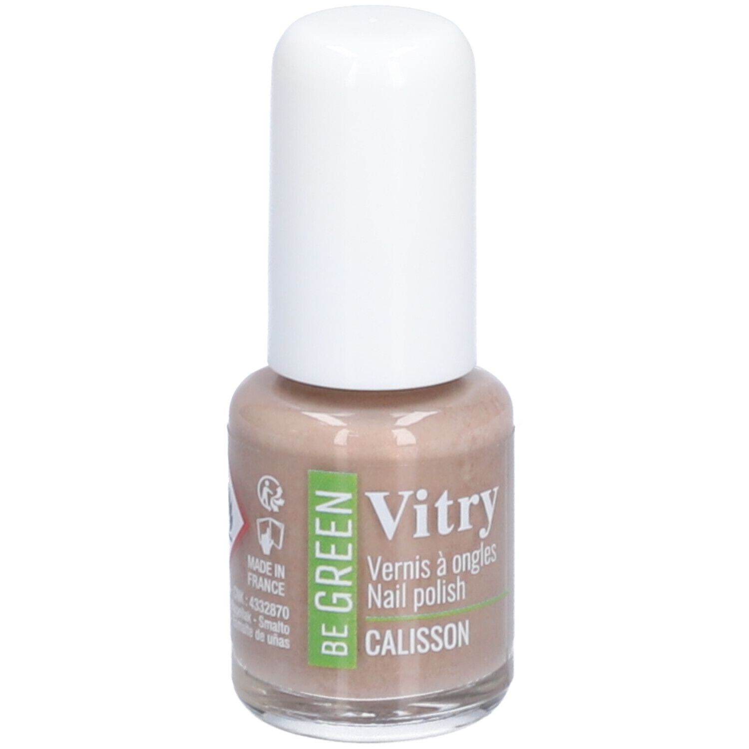 Nagellackflasche mit weißem Deckel. Aufschrift: Vitry, BE GREEN, CALISSON. Beige Farbton. Warnhinweis.