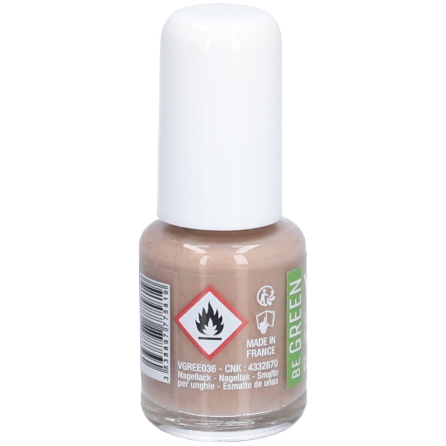 Nagellackflasche mit weißem Deckel. Aufschrift: Vitry, BE GREEN. Warnhinweis. Made in France. Beige Farbton.