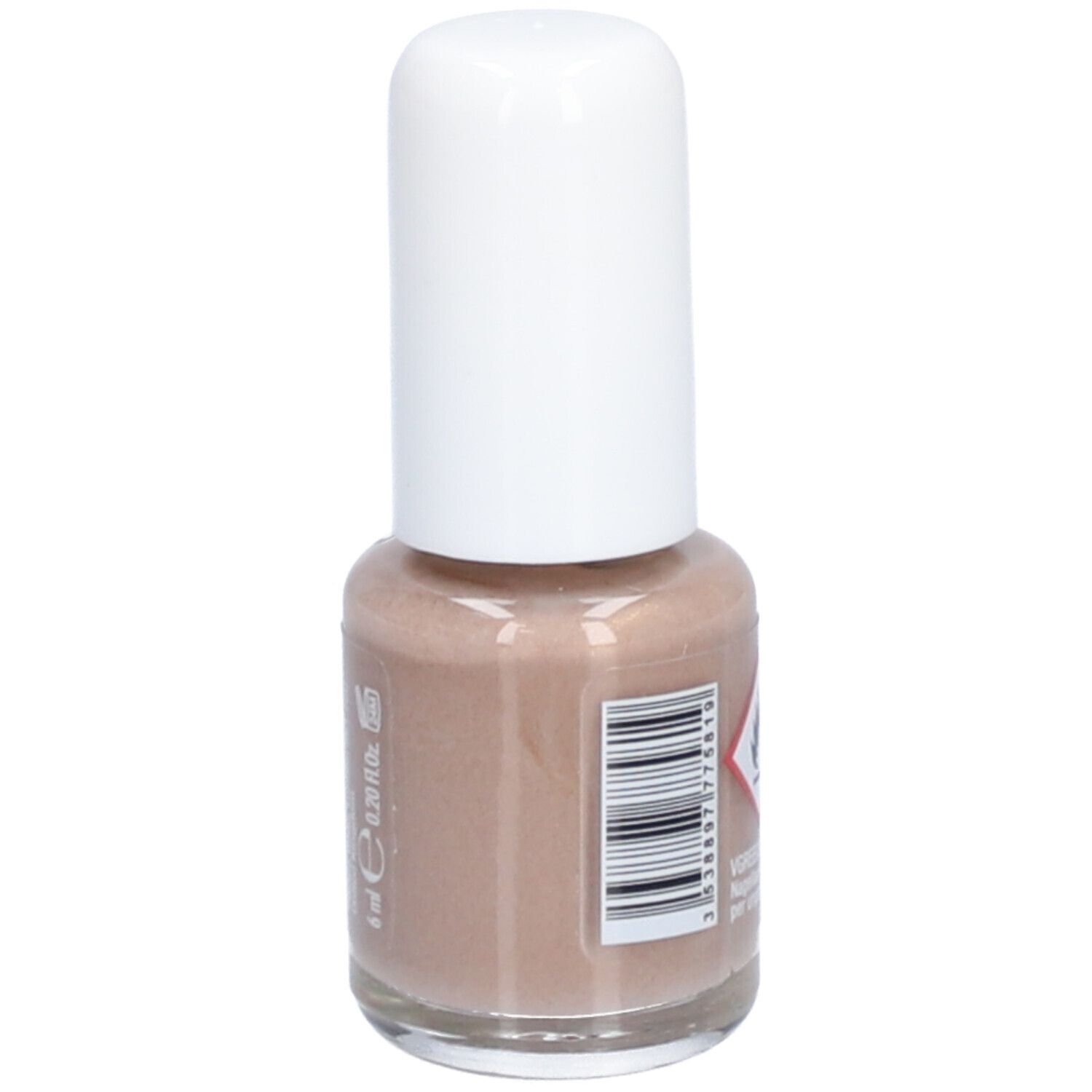 Nagellackflasche mit weißem Deckel. Aufschrift: 6 ml. Warnhinweis. Beige Farbton. Barcode.