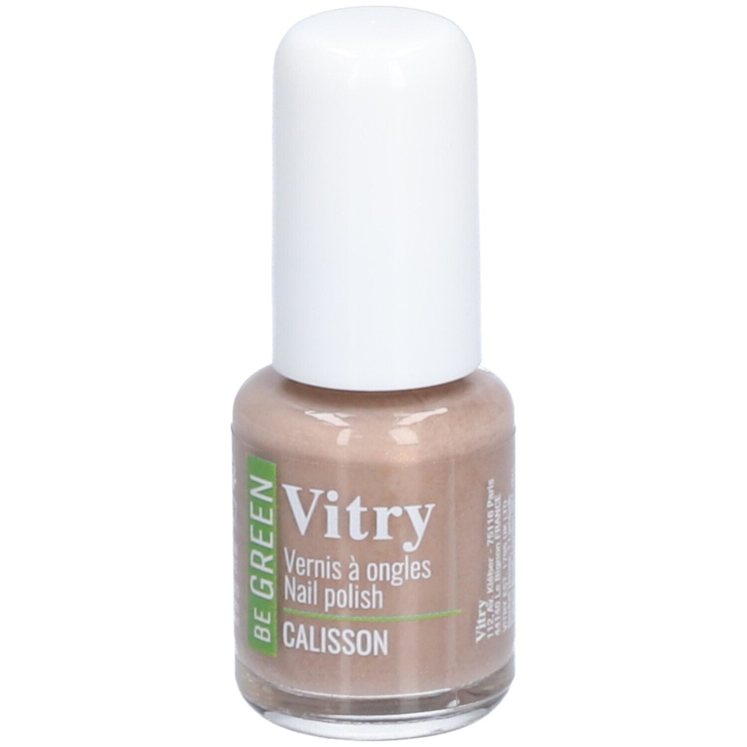 Nagellackflasche mit weißem Deckel. Aufschrift: Vitry, Vernis à ongles, Nail polish, CALISSON. Beige Farbton.