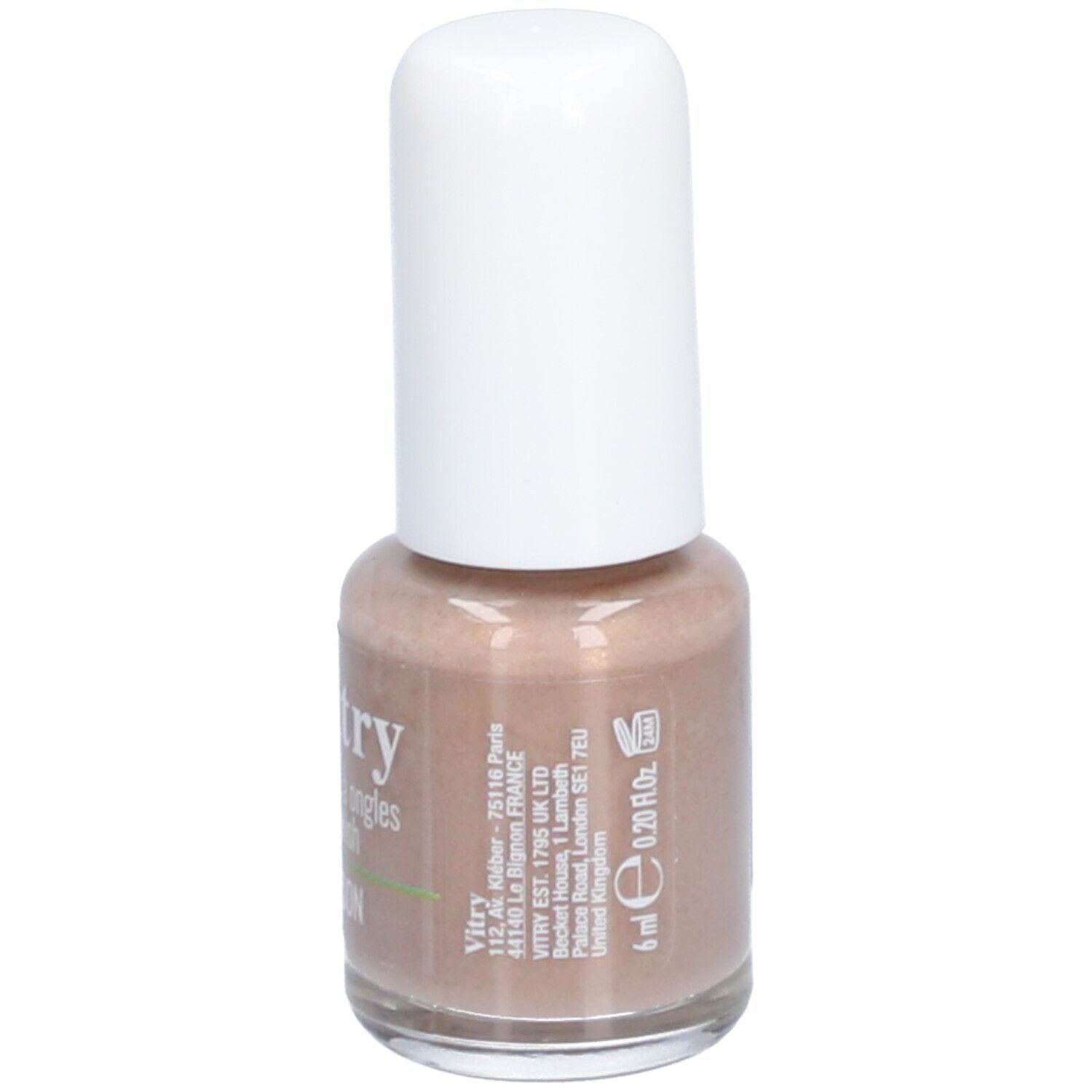 Nagellackflasche mit weißem Deckel. Aufschrift: Vitry, 6 ml, 0.20 fl oz. Beige Farbton. Adresse.
