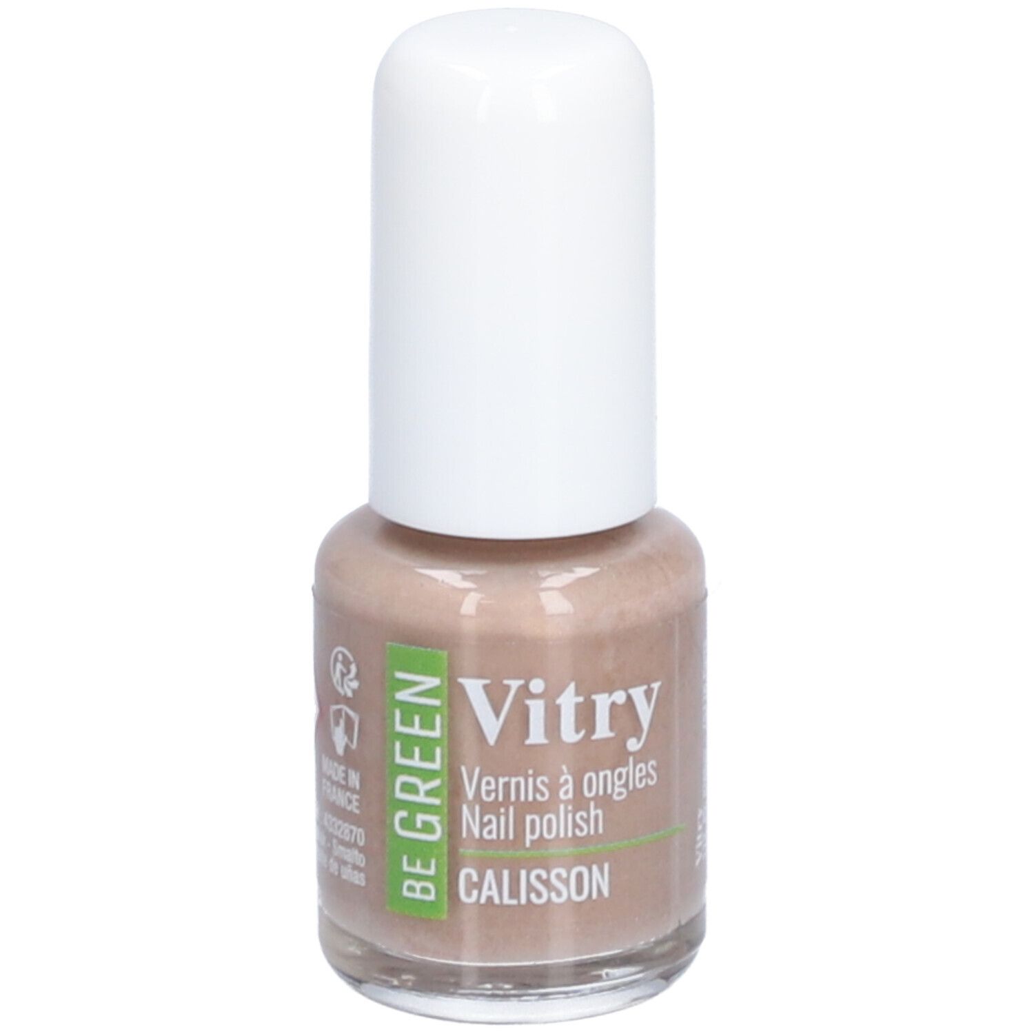 Nagellackflasche mit weißem Deckel. Aufschrift: Vitry, Vernis à ongles, Nail polish, CALISSON. Beige Farbton.