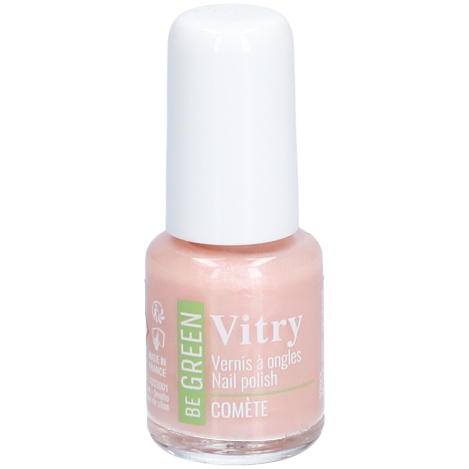 Nagellackflasche mit weißem Deckel. Aufschrift: Vitry, BE GREEN, COMETE. Rosa Farbton. Herkunft.
