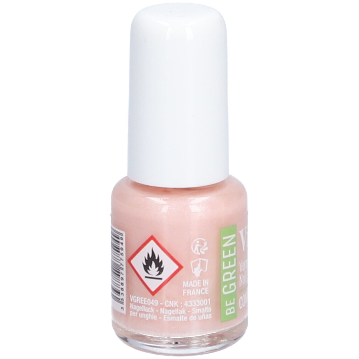 Nagellackflasche mit weißem Deckel. Aufschrift: Vitry, BE GREEN, COMETE. Rosa Farbton. Gefahrensymbol.