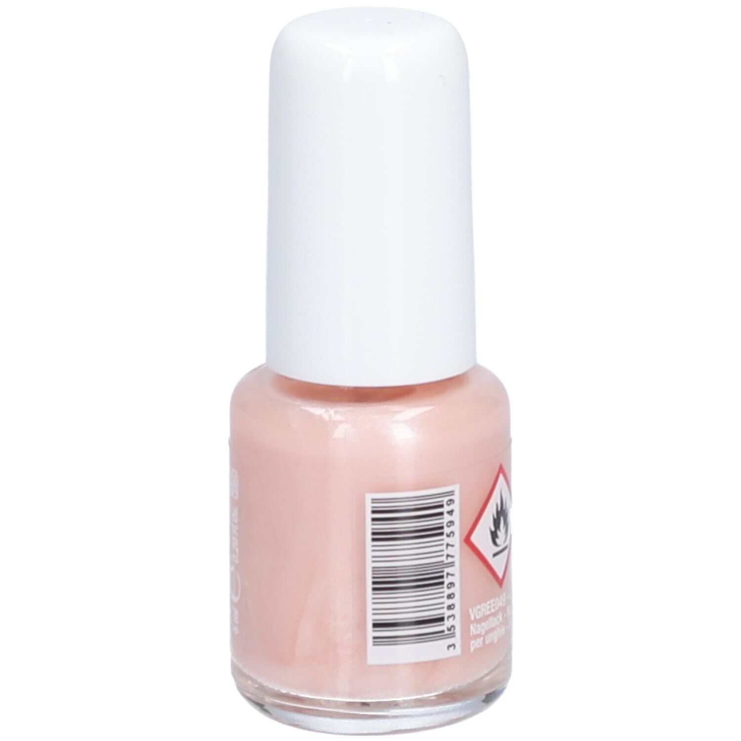 Nagellackflasche mit weißem Deckel. Rosa Farbton. Barcode und Gefahrensymbol.