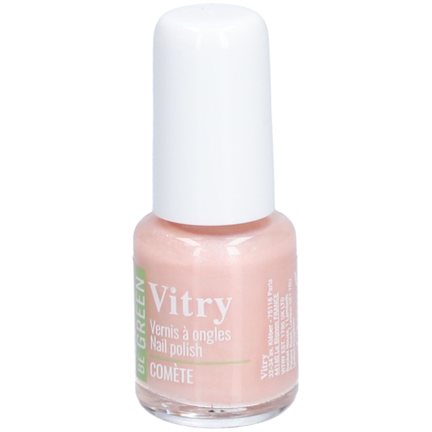 Nagellackflasche mit weißem Deckel. Aufschrift: Vitry, BE GREEN, COMETE. Rosa Farbton.