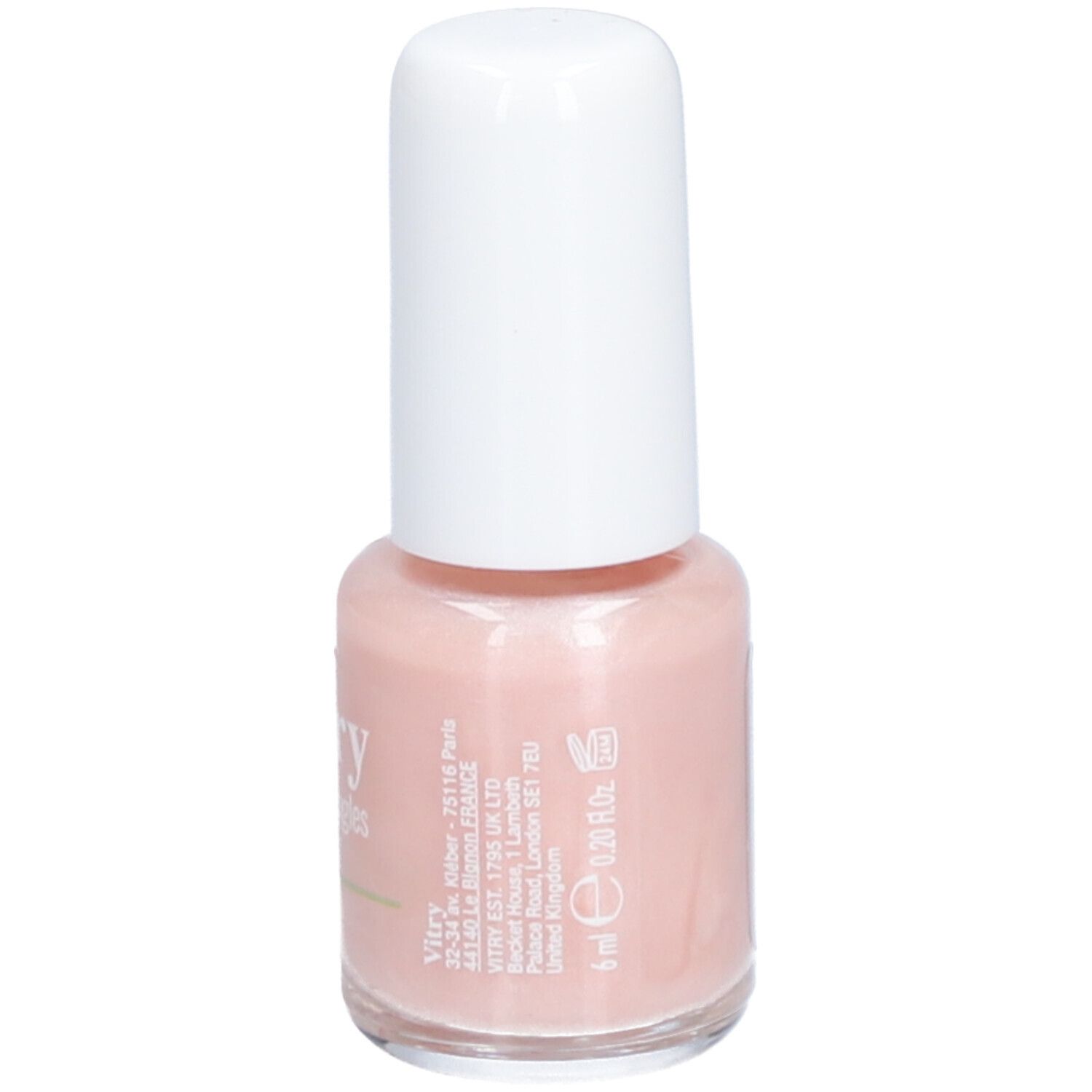 Nagellackflasche mit weißem Deckel. Aufschrift: Vitry, Vernis à ongles, COMETE. Rosa Farbton. 4ml.