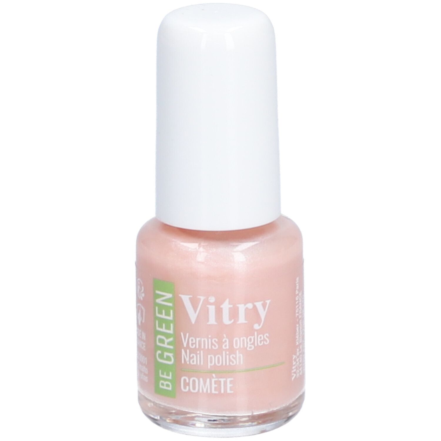 Nagellackflasche mit weißem Deckel. Aufschrift: Vitry, BE GREEN, COMETE. Rosa Farbton.