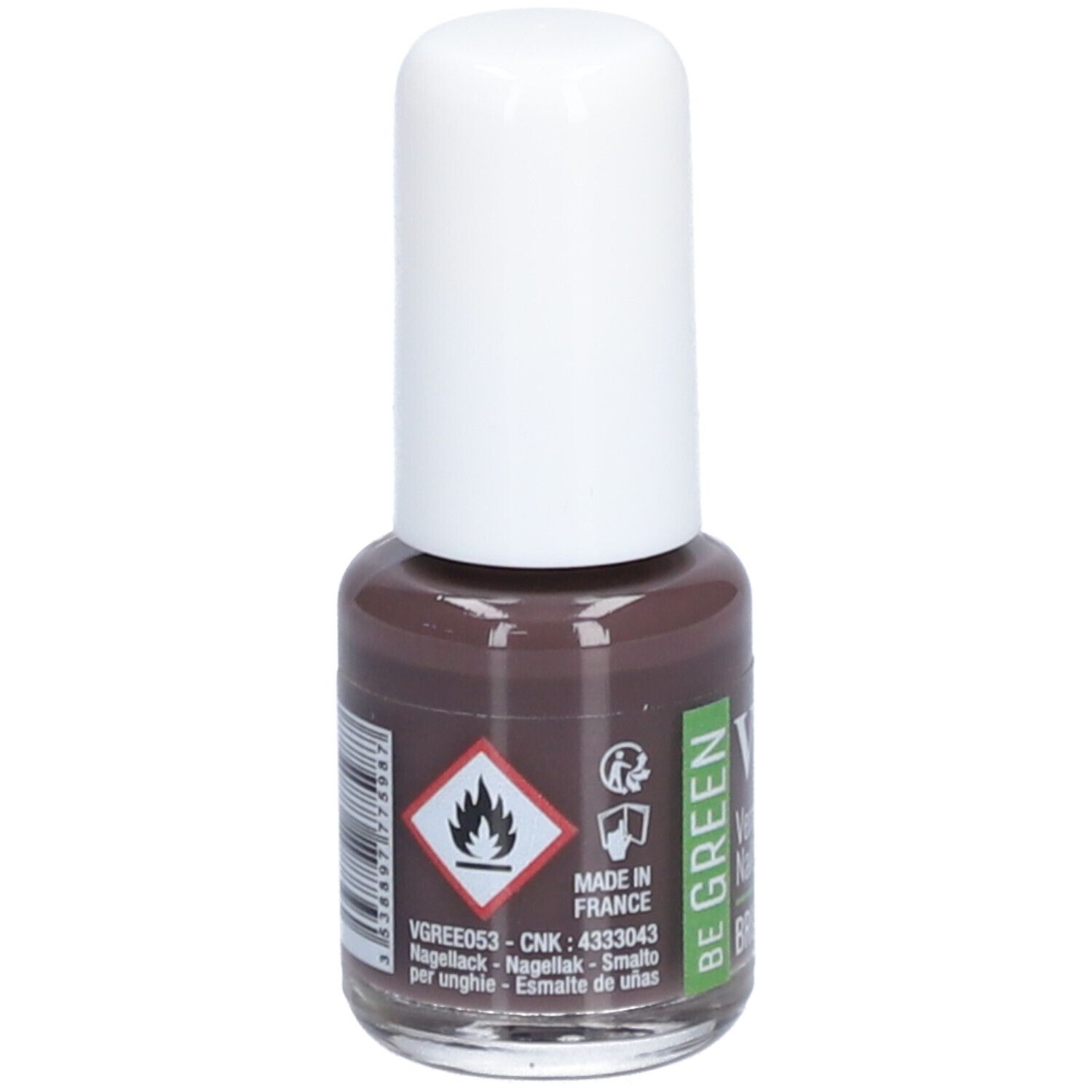 Nagellackflasche mit weißem Deckel. Aufschrift: Vitry, BE GREEN, BRUN CAVIAR. Braune Farbe. Warnhinweis.