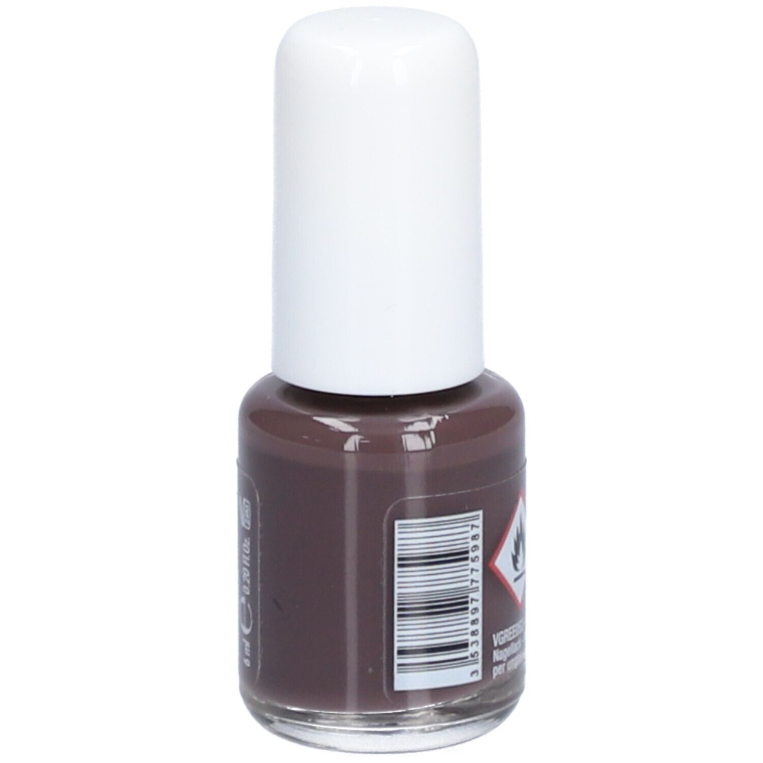 Nagellackflasche mit weißem Deckel. Braune Farbe. Barcode und Warnhinweis.