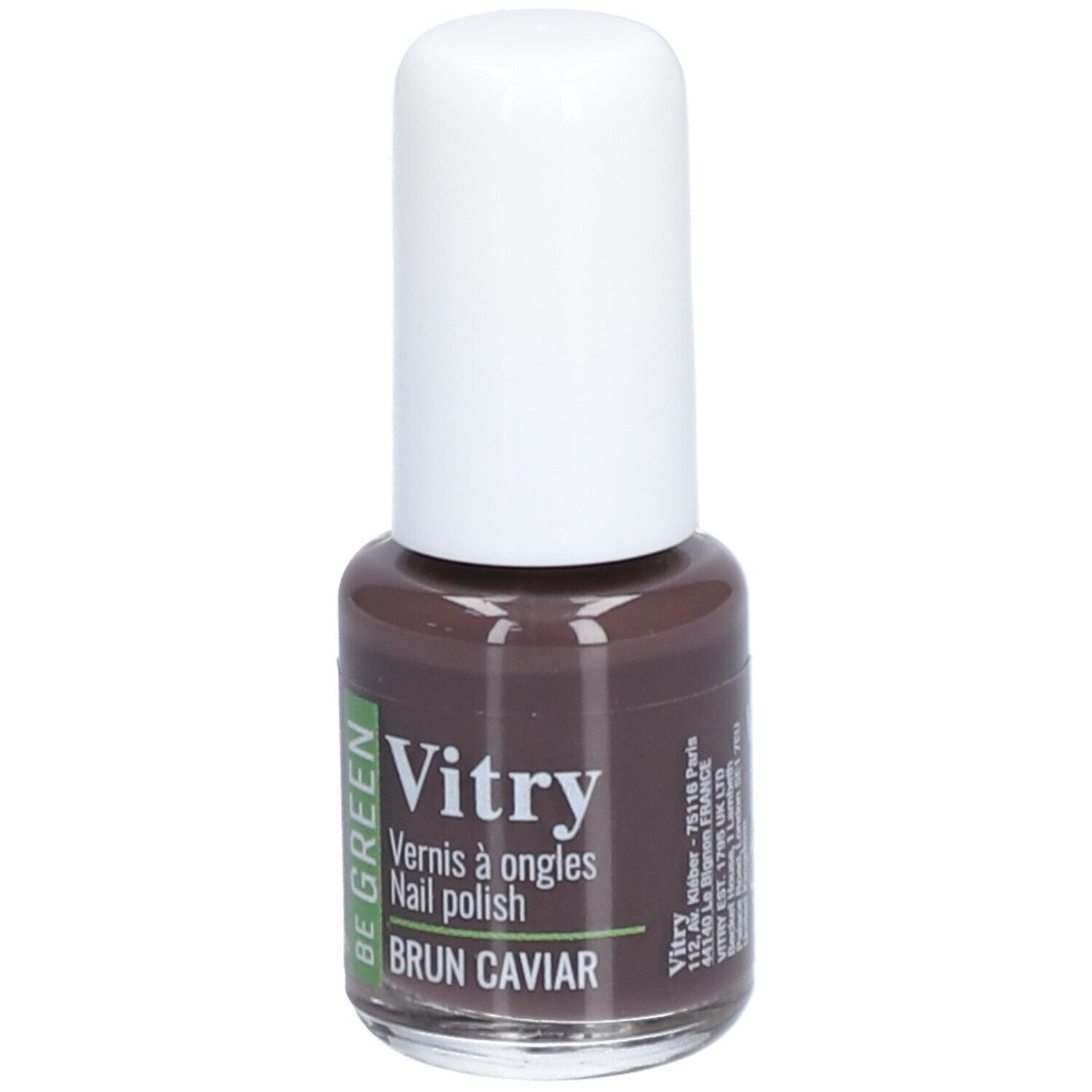 Nagellackflasche mit weißem Deckel. Aufschrift: Vitry, BE GREEN, BRUN CAVIAR. Braune Farbe.